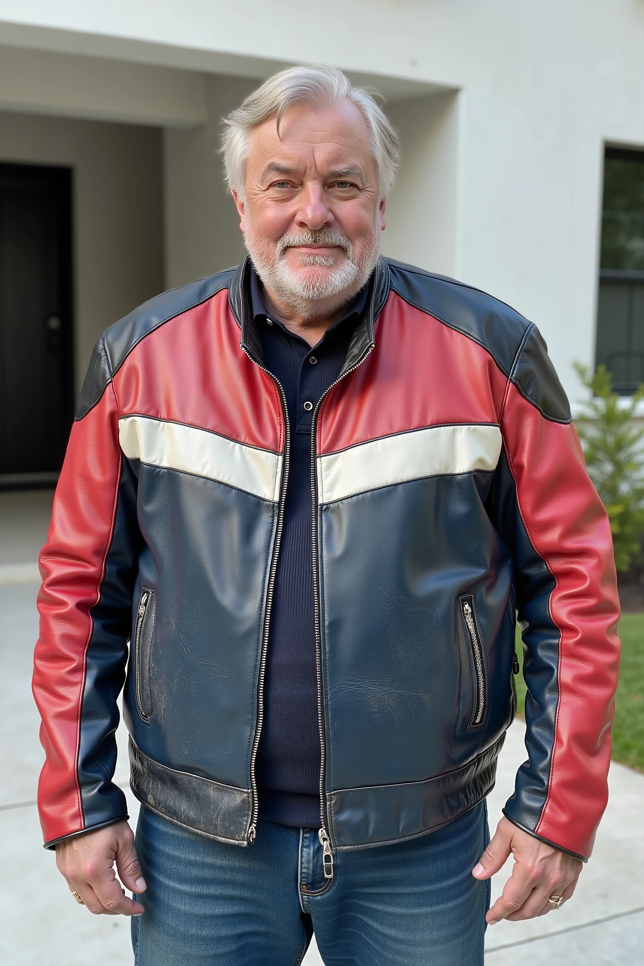a 58 year old 280 pound man with light wrinkling of the skin, wearing a 1970swornbluwhtcfrcrjkt red and white cafe racer 1970s era jacketm standing outside of a modern futuristic house in a rich neighborhood