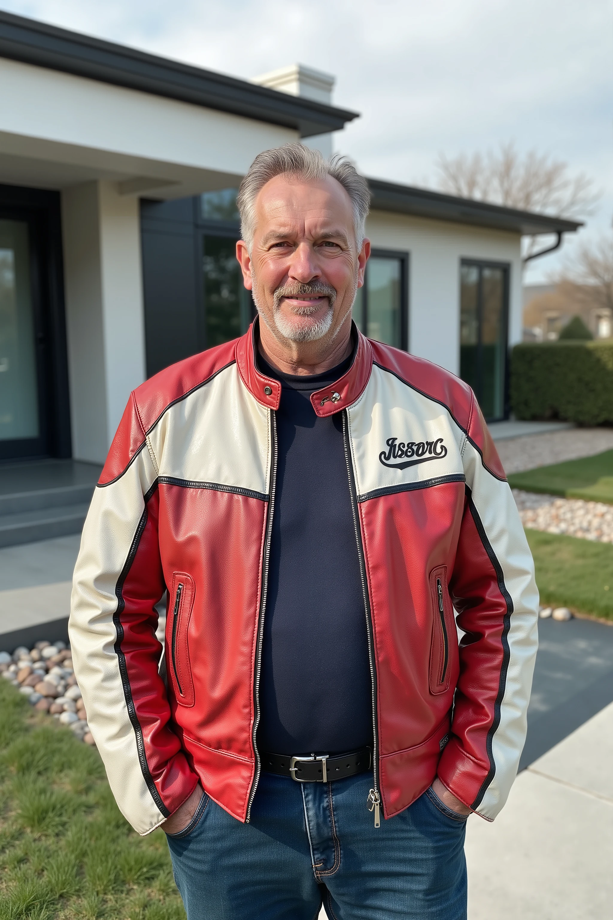a 58 year old 280 pound man with light wrinkling of the skin, wearing a 1970swornbluwhtcfrcrjkt red and white cafe racer 1970s era jacketm standing outside of a modern futuristic house in a rich neighborhood