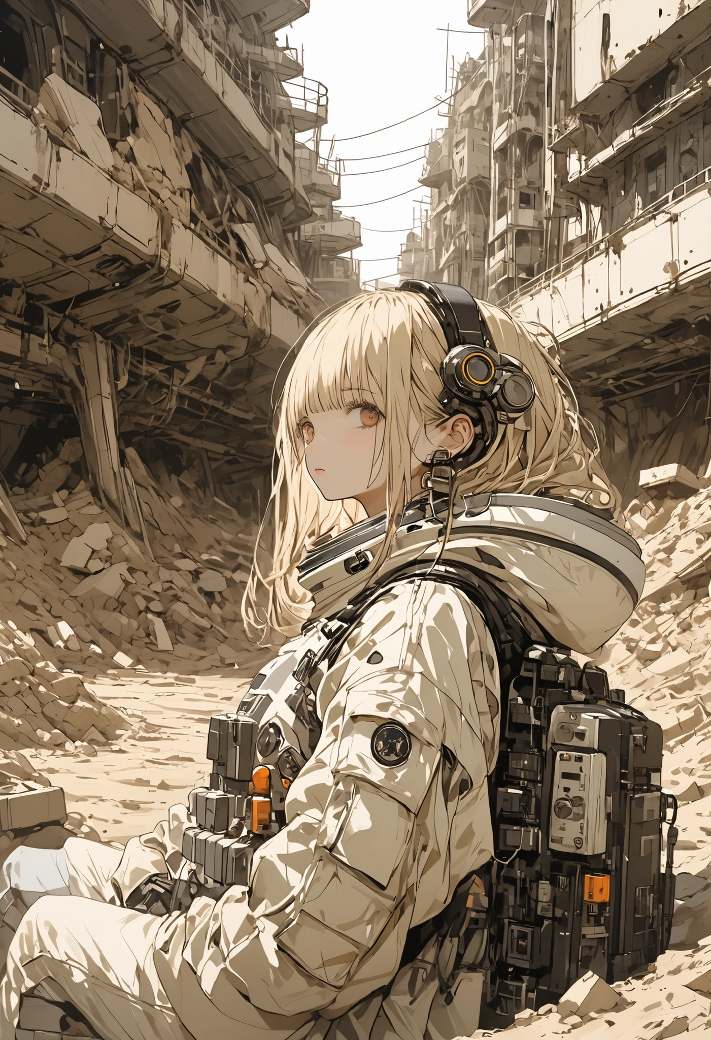 (masterpiece,Highest Quality,ultra detail,ultra high definition,detailed background),((flat color)),((colorful)),(1girl),watch the viewers,solo,full body shot、The Forgotten Star、planet、Daytime、The star where humanity disappeared、Apocalypse Hotel、The Forgotten Earth、The edge of the galaxy、What kind of story happened on this forgotten planet、moon、🌖、Collapsed civilization、Covering up、Rubble spreads all over、A girl in it、A girl in a spacesuit looking into the distance、Ruined Civilizations、Remains of a huge building、A city buried in sand、A decaying spaceport、Desolate Earth、A stopped machine、A satellite or man-made object that lost its motion、It's always daytime、A strangely colored aurora