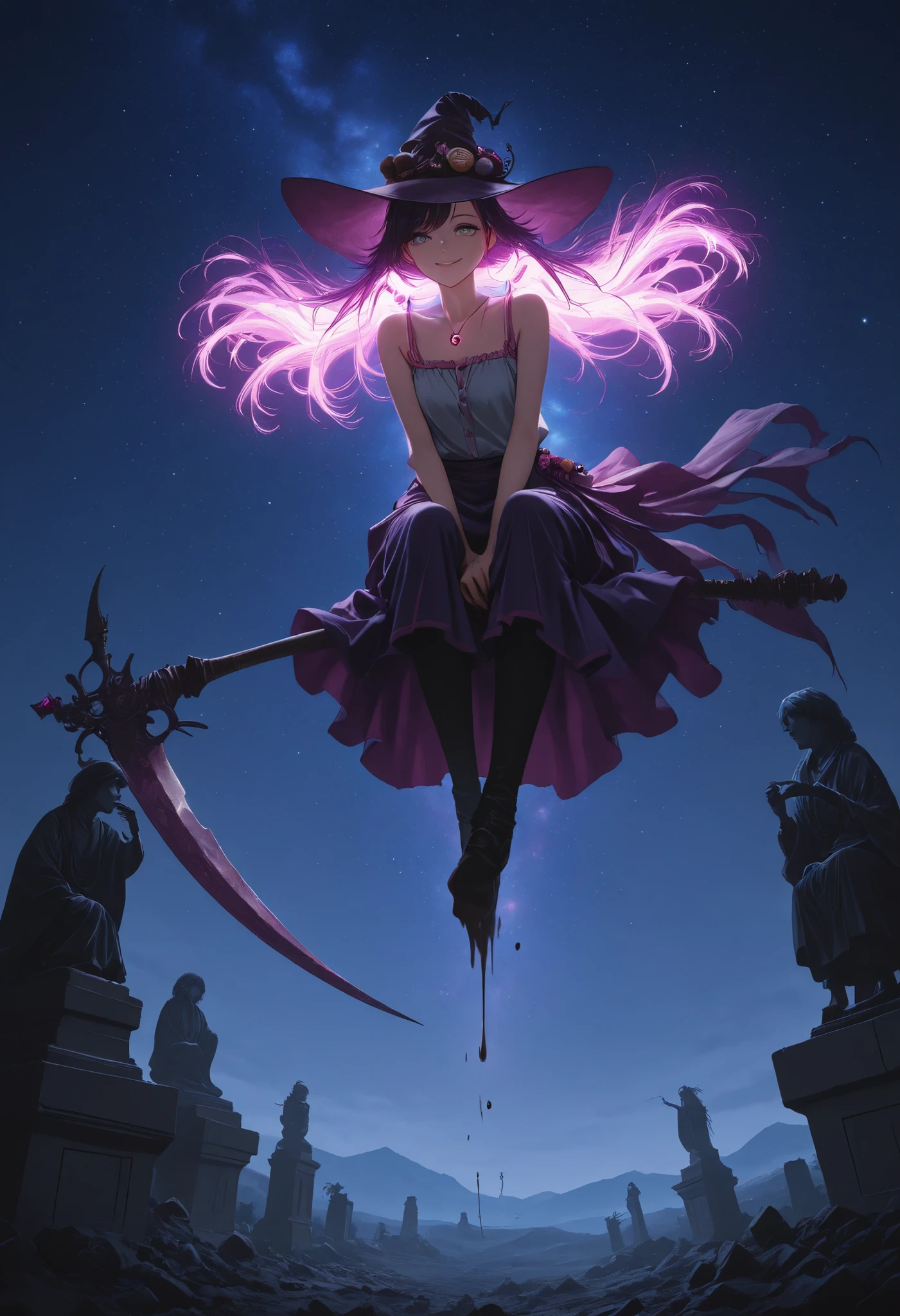 masterpiece, the best quality, from ahead, al aire libre, crows in the air, Smoking, pipa de Smoking, Ruined City , headband, character: a girl with messy hair, dark red hair, sparkles dark purple, facial scar,dark drawings in the hands, long hair, low twin tails, swept bangs, gray eyes, sitting at the base of the statue, looking at the landscape, witch hat, long swept bangs, strapless and sleeveless shirt, gray shirt, Hair bands, black pants, capa negra, Stripped layer , darkness, botas negras de combate, holding scythe, darkness, somber aura, dark aura, character: bright eyes, ((dark purple witch hat, chocolate hat accessories)), messy hair, (( colorful hair , stiff hair, glowing hair)), very long hair, ((dark purple robe with pink trim, pink sleeveless blouse, purple skirt, half uneven brown and light blue, candy pendant)), ((clothing with colorful accents)), ((skirt with colorful ornaments)), Wad of bills, smile, looking at another, offering flowers, sitting on the ledge,hanging legs, contrast with selective dark purple accents, dramatic composition with ink splatter effects and motion blur., manga style, dark purple splash effect.from below,mountainous landscape,Running wind ,Blade moved by the wind,starry night,(stars illuminating the sky)