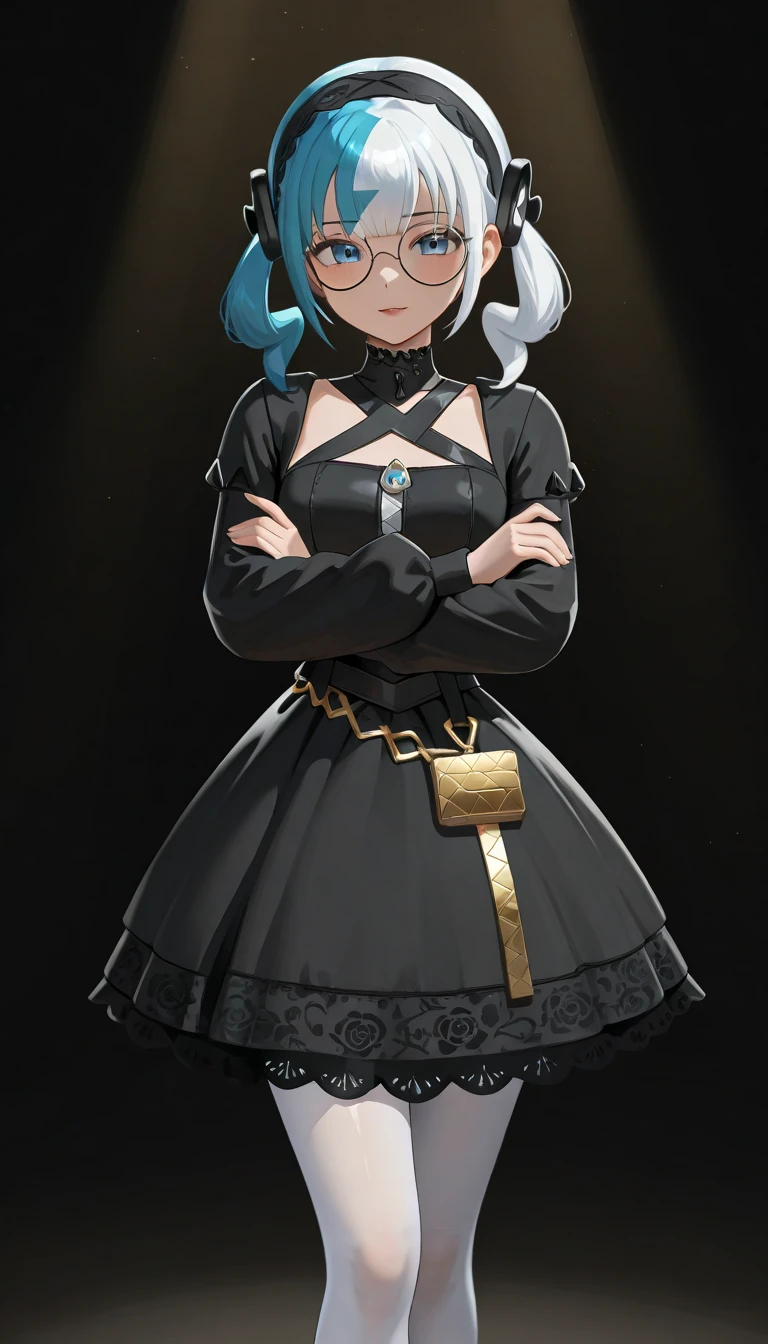 I have black hair with teal at the bottom of my hair. I have brown eyes and warm olive skin. I'm 5"1 ft tall. I'm wearing black shorts and a black jacket with dark blue designs and a cropped halter. My outfit has gold accessories with dark blue gems, I'm wearing black thigh high boots that are easy to run in. I'm wearing a black mask that covers the bottom half of my face. I'm introverted and reserved. My name is Ace. I have a hydro vision that is clipped to my shorts.