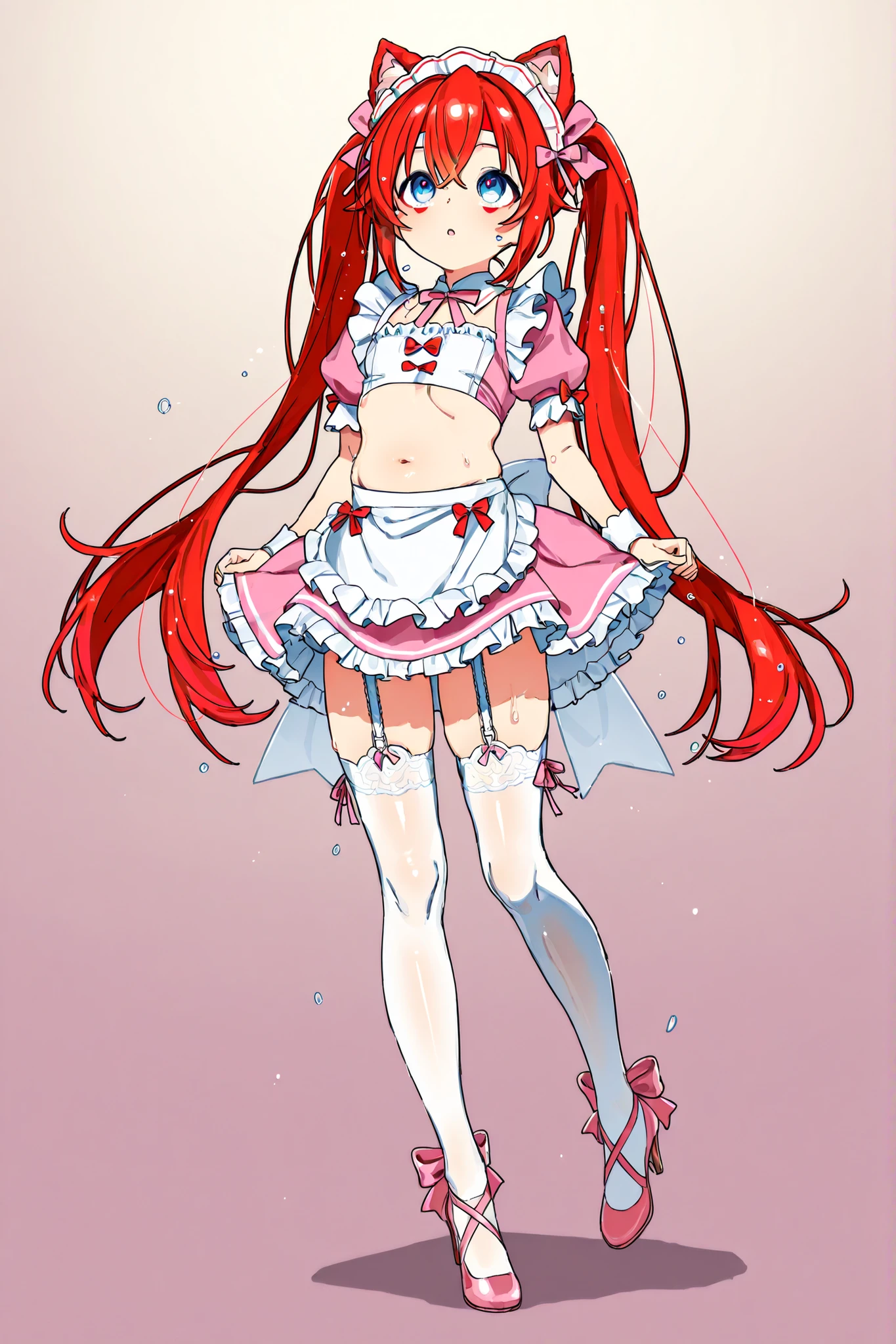 Highest Quality、 pink maid outfit with shiny silk short sleeve puff sleeves、See-through、belly short skirt、Fluffy Red Ribbons 、Short white frilly apron、 White Garter Belts with Bows 、Pink ribbon high heels、Large headband with ribbon、red face、troubled face、soaked、Strong winds、Excessive、Forward-facing、looking up from below