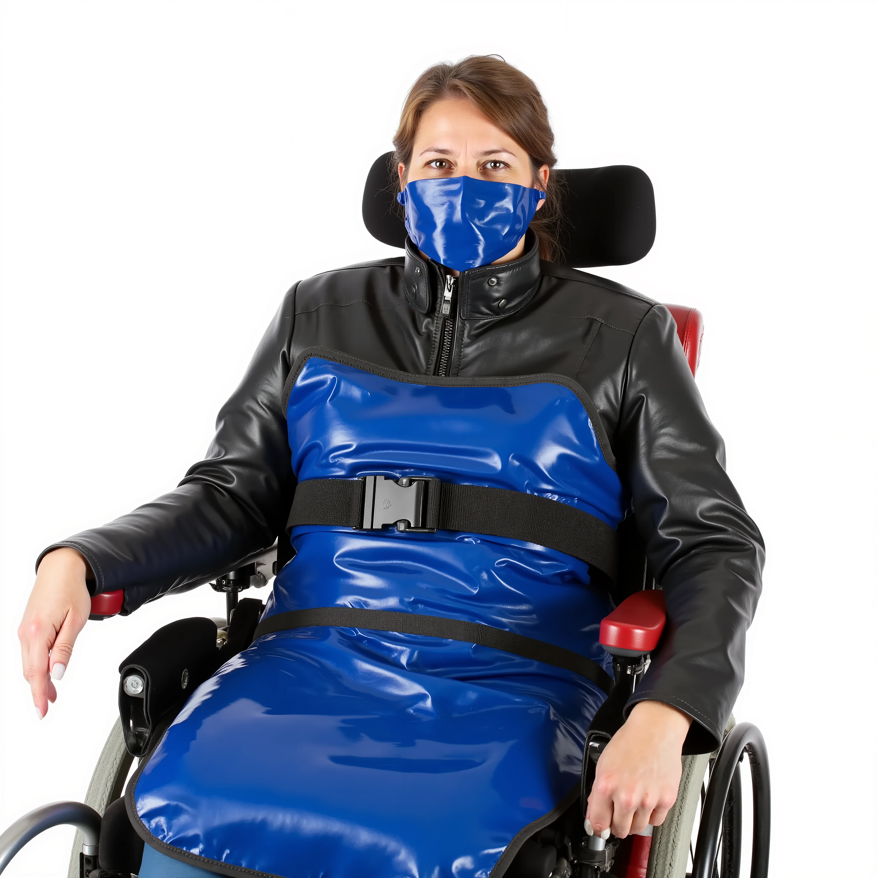a 35 year old woman wearing a black leather jacket wearing blue leather pants is restrained in a heavy duty red rubber wheelchair, she is wearing a heavy polished blue rubber lead apron with heavy restraint straps on it and long sealed sleeves that fully enclose the womans arms and hands, the sleeves are strapped down against the armrests of the wheelchair tightly, the woman has a thick blue rubber strap OTNTapegag that covers her mouth and nose in tight shiny blue rubber, a heavy buckle holds the strap tightly around her head and the wheelchair headrest, the woman is completely restrained and cannot move