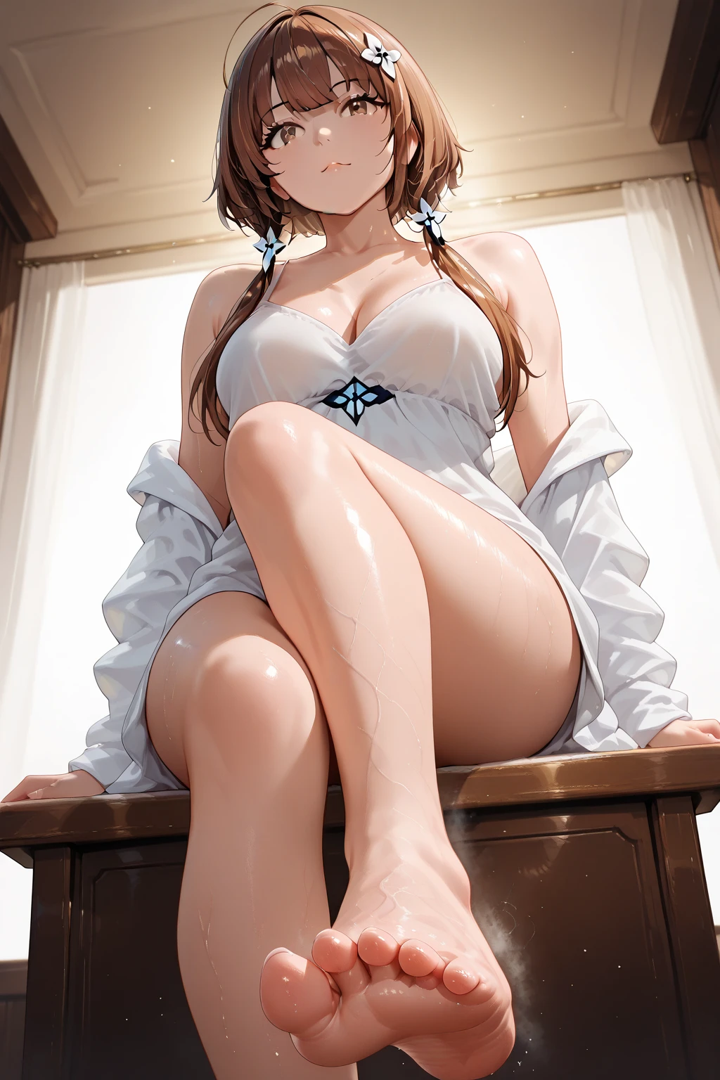 、Brown Hair、Beautiful fighter、Muscular、Sweat、waterfall、、(((Female organ)))、Golden pubic hair、(((Photo taken from below)))、((Leg spread))