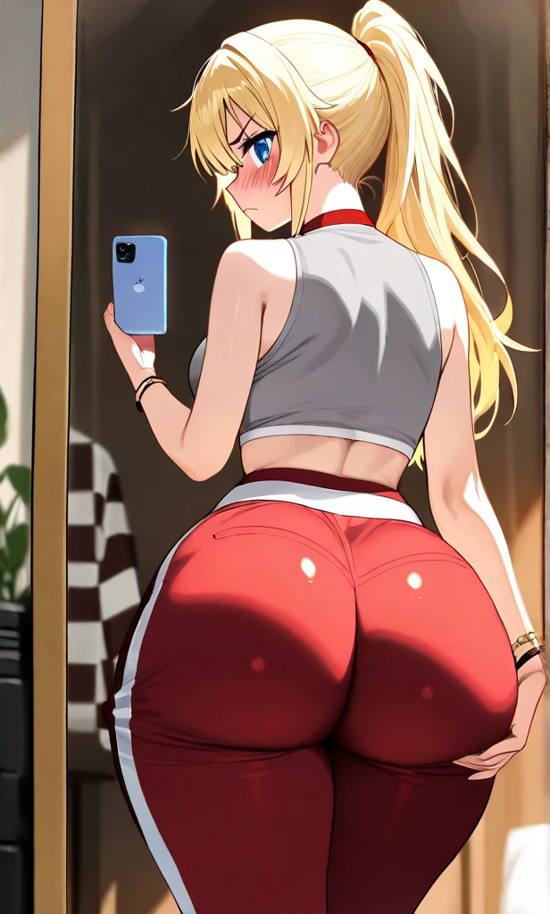 masterpiece, best quality, SimplePositiveXLv2, yuuki asuna, 1girl, solo, long hair, breasts,  large breast, curvy, 1girl, phone, solo, selfie, cellphone, ass, long_hair, yoga_pants, smartphone, pants, brown_hair, holding_phone, hand_on_hip, black_shirt, holding, crop_top, midriff, watch, shirt, tight, breasts, tight_pants, blush, wet, sunny skin, large ass, large Butt,