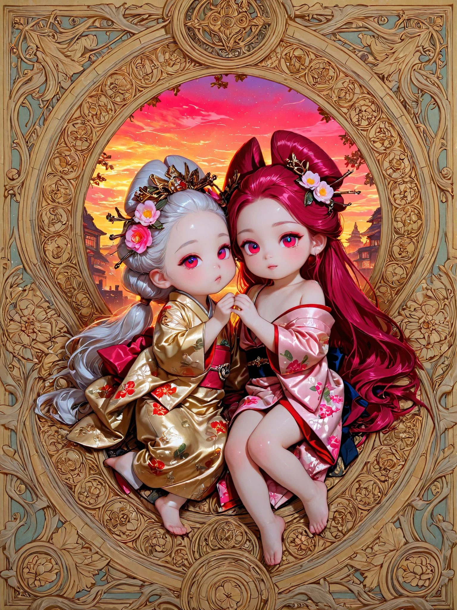 kimono toddler girl, small chest, baby-like face, infant body shape, white skin, short limbs, (((long reddish-purple red crimson long hair))) (((ツインテールヘアー))) (((glowing sky-blue big eyes))), gold, silver and floral hair ornament, full body, dewy skin, infant body shape,
BREAK,
(Japanese kimono) (((5枚の重ね着))) (((Oiran-style))) (Oiran kimono) (((naked shoulder))) ((long kimono)) (((white and pink and gold kimono))) (kimono adorned with gold and silver floral patterns) ((白いストール)), full body,
BREAK,
(zentangle, mandala, tangle, entangle), (ecstasy of flower:1.2), golden background, the most beautiful form of chaos, elegant, a brutalist designed, flower art, zentangle, mandala, tangle, entangle, vivid colours, romanticism, atmospheric,
BREAK,
official art, unity 8k wallpaper, ultra detailed, beautiful and aesthetic, beautiful, masterpiece, best quality ((by Mucha)) ((art deco)) ((botanical art)) ((flower art)) ((floral)) ((colorful)) masterpiece, high resolution, high definition, highest quality, digital painting, 4k, HDR, delicate texture, enchanting atmosphere,
BREAK,
(最高品質, 8k,32K,傑作, 超高解像度:1.2),非常に詳細なCGユニティ8K壁紙,複雑な詳細,生写真,(写実的:1.4),雰囲気,超高解像度,現実istic,現実,巨大な_ファイルサイズ,非常に高解像度,(中央揃え:1.3),超イラスト,(超詳細な),シネマティックライティング,様々な色,被写界深度,アート:クレンツ・クシャールト,ゴールデンアワーライティング, を正確に描いた ,シグマアートレンズ 35mm F1.4,ISO 200 シャッタースピード 2000
