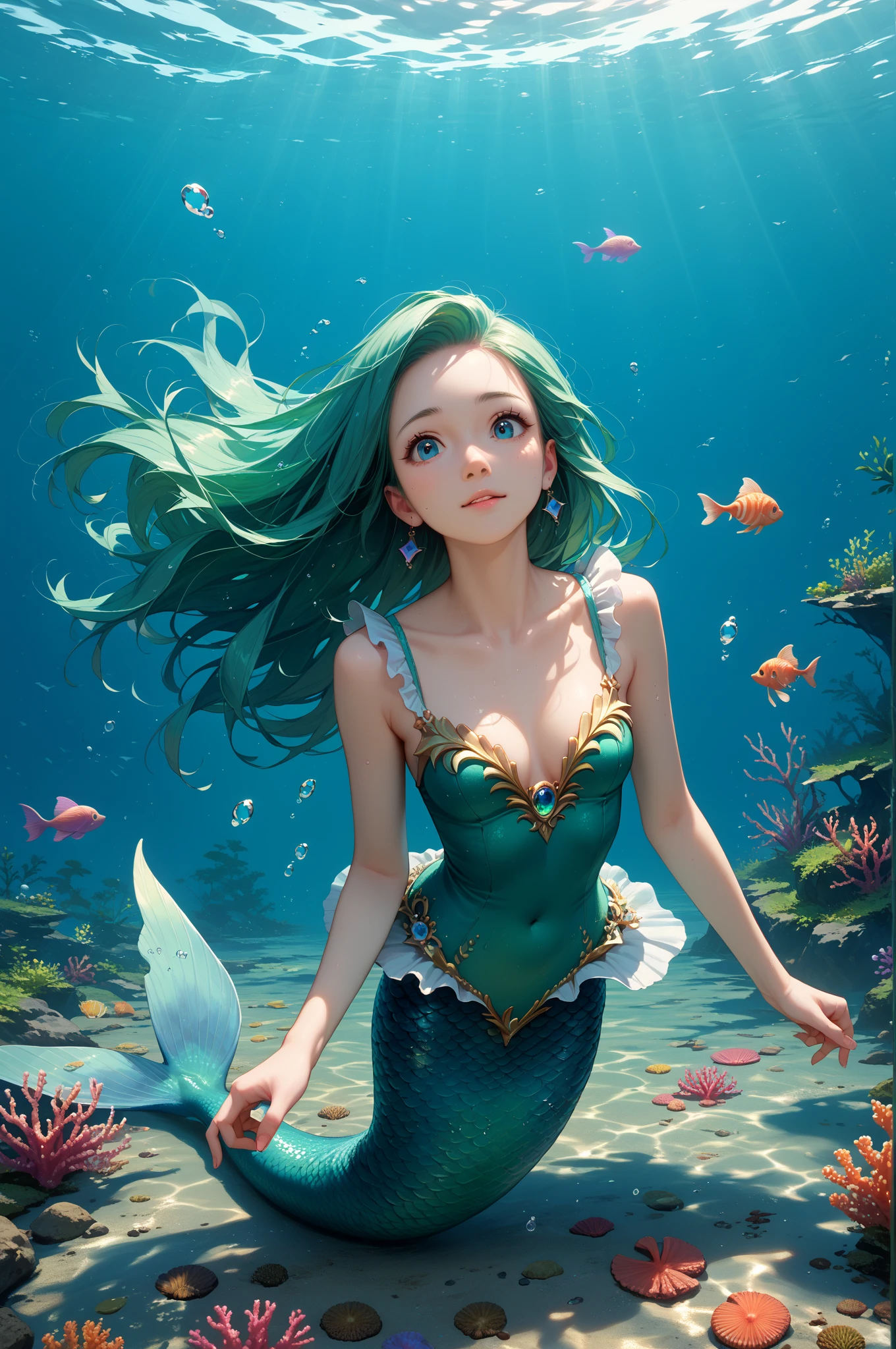 Fine, (Best Illustration), 8k Resolution, Intricate Details, Best Quality, Realistic, Ultra Detailed, Best Lighting, Best Shadows, Ultra HD, (mermaid), (((green eyes color only))), masterpiece, high_res, Beautiful face, photo realistic, (high detailed skin:1.2), 8k uhd, dslr, high quality, Photograph, high resolution, 4k, 8k, Bokeh, ??????????????, absurdres, ponytail contorted, best ratio four finger and one thumb, seashell covered, seascape deep underwater background,