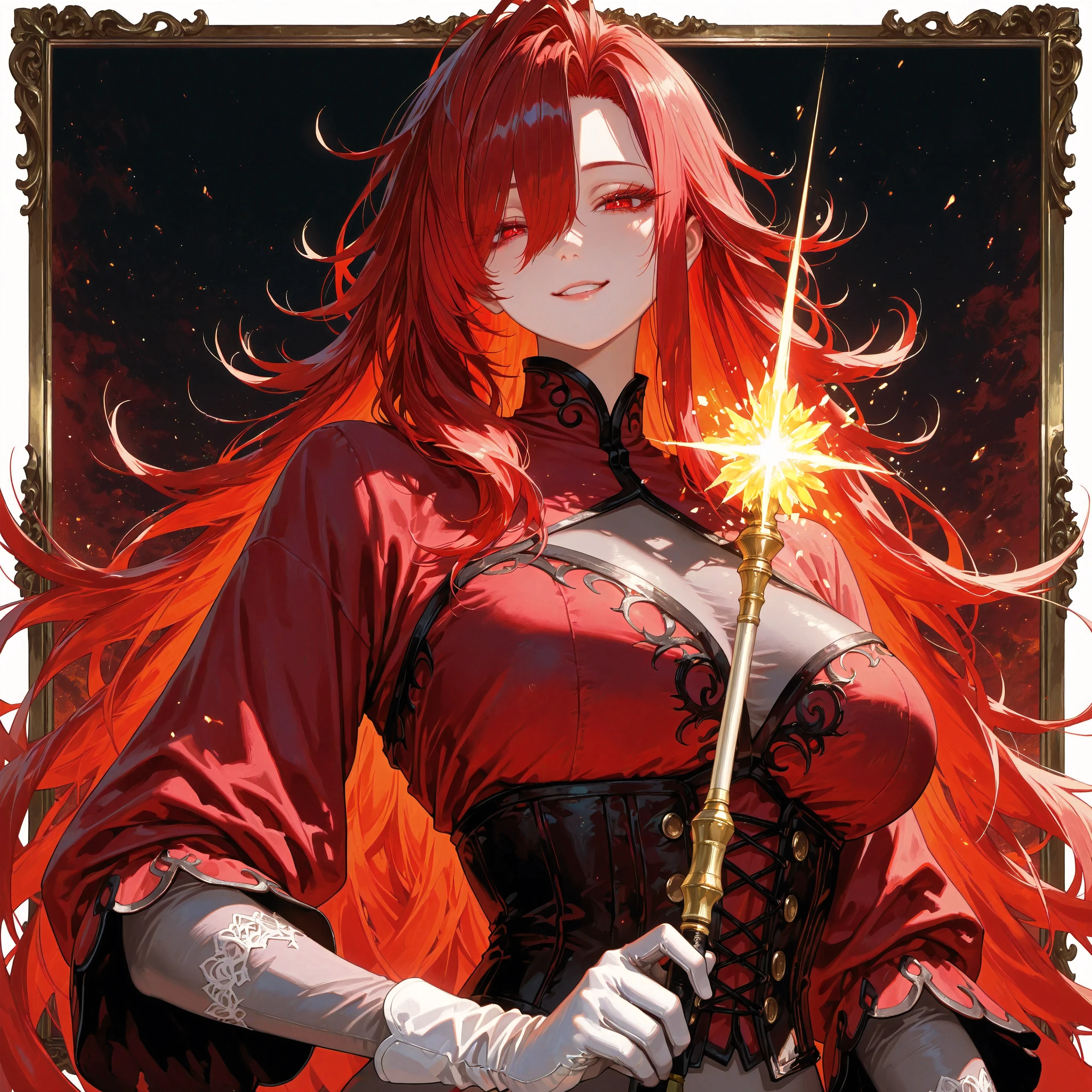 EyesHD,detailed eyes, anime eyes, high detail eyes, red iris, red eyes, detailed iris, anime style, 748cmstyle, detailed eyes, high quality, 8K Ultra HD, masterpiece, best quality, very aesthetic, absurdres, (masterpiece, detailed:1.2), (Extremely detailed 8k unity CG wallpaper), (best illustration), Realistic lighting, beautiful detailed glow, ((Iolka Rivel Strashur (Pick Me Up! Infinite Gacha))), ((solo)), ((18 years old)), ((teenage)), ((1female)), ((tall female)), beautiful, narrowed eyes, narrowed waist, large breast, ((red hair, messy layered cut hair)), long bangs, textured long cut very long hair, very long hair, ((voluminous asymmetrical bangs with face-framing layers)), detailed eyelashes, thick eyelashes, long eyelashes, red eyelashes, ((high collar)), ((high-low red mage dress with short batwing sleeves)), ((gray long sleeved sheer bodysuit)), ((layered red shirt)), ((red over bust corset)), ((white gloves)), upper, very close-up, looking at the viewer, dynamic pose, smiling, happy, parted lips, ((Korean manhwa style, Pick Me Up! Infinite Gacha, dramatic lighting)), portrait, picture, head only, face only, focus face, (frame border (crimson arcane border)), holding wand,