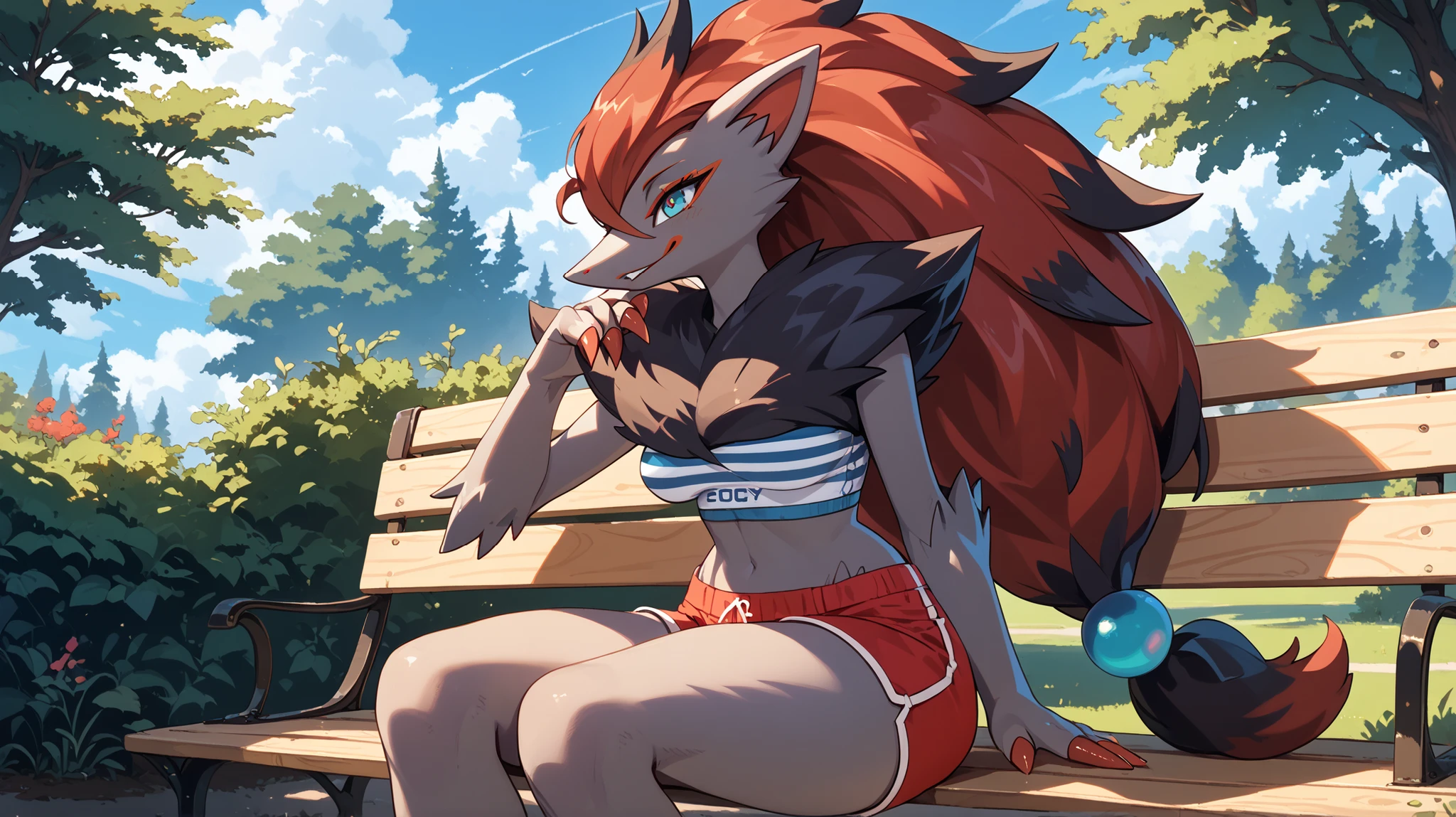 best quality, Female Zoroark with medium sized breast in only a pair of black and red shorts sitting by a wooden park bench with a background of a tree. Sun shining high above the sky casting a shadow covering most of the park bench that the Zoroark was sitting on. Masterpiece, best quality