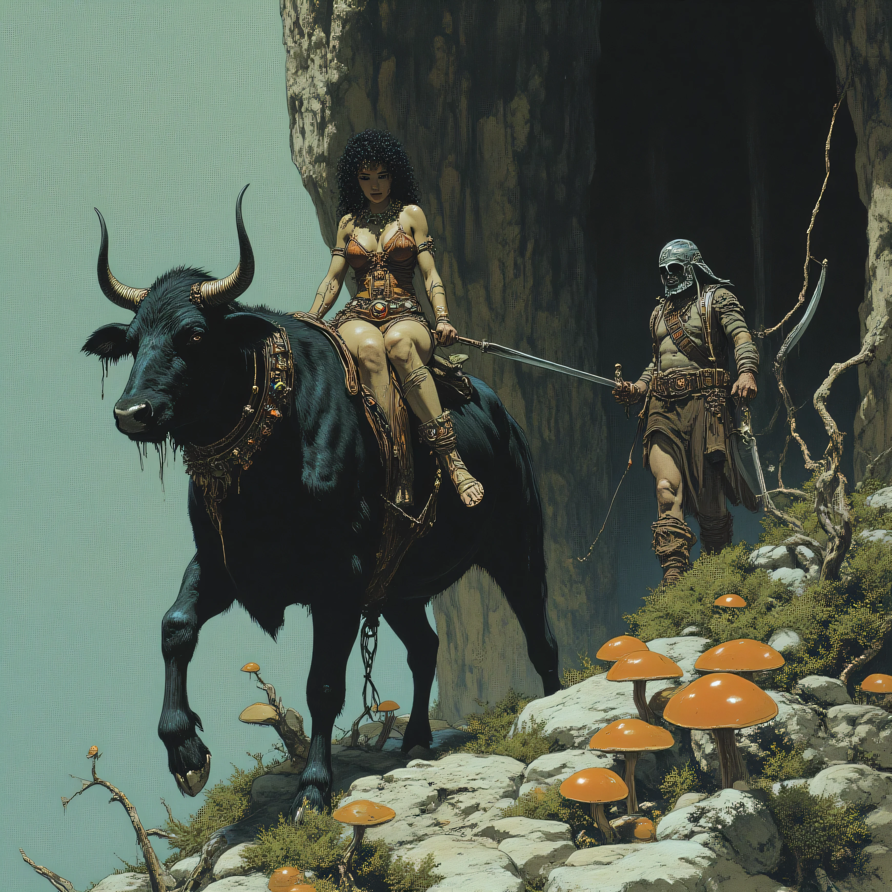 An attractive human slave, with disheveled and curly black hair, wide hips and half-naked breasts backwards dressed in a brown vest, heavily stained and torn, is sitting on top of a large fleecy black ox, long horns adorned with jewels. The slave His hands are tied with rope and a metal ring with spikes surrounds his neck. standing, holding the reins and leading the ox, a man dressed as an Arabian privateer:  carries a dagger tied to her chest and a curved sword sheathed around the belt. They walk up the top of a rocky cliff. From the ground emerge shiny mushrooms, moss and dead tree roots.