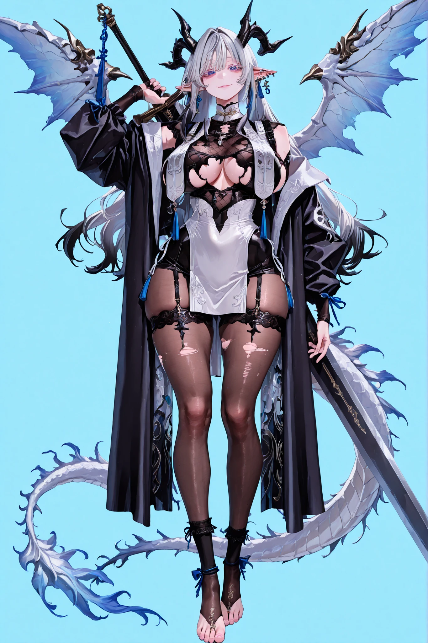   8k wallpaper、    top quality 、masterpiece,   748cm スThailandル   、sexy black bralette dress with fishnet top beneath,   woman 1 person、ribbon、piercings and earrings on her ears,  pointy elf ears, black ripped pelvic curtain dress、 cute black oversized coat with puffy sleaves with open sholders, chains and Accessories on clothes,  dark pantyhose and fishnet、 black knee socks 、rororogi mogera、 style strap 、 Thailand、  pantyhose、、black hair with gray tips and gold  lines、 albino eyelashes   、   long hair falling down her chest、  Underbob  、blue ribbon bow in the head、  Pretty blueish purple Eyes、  wide hips、Protruding thighs   、 pale pinky skin,   very big breasts 、close up,  Light blue background 、open chest area dress,   simple background、lazy smile、 high detail design, standing up、boob window, leaning down towards the camera, making a cute pose with her hands, fullbody, , huge sword on her back, punk style clothes, chest fishnet top, fishnet stocking, big cute , wings behind her ears, demon girl, five big octopus tails behind her, black horns, goat eyes, five octopus tails, big hair. heavenly divine dragon girl, white huge dragon horns with golden ends, big dragon tail, white hair, ver long hair, thick hair, very big breast, green-blue gradient dragon eyes, white dragon sexy revealing outfit with breast curtains, white nylon stockings, white choker, sexy white cheongsam dress with gold details, taliman paper on her , fullbody, head to toe, black dragon scales on her thighs, bare feet, exposed toes