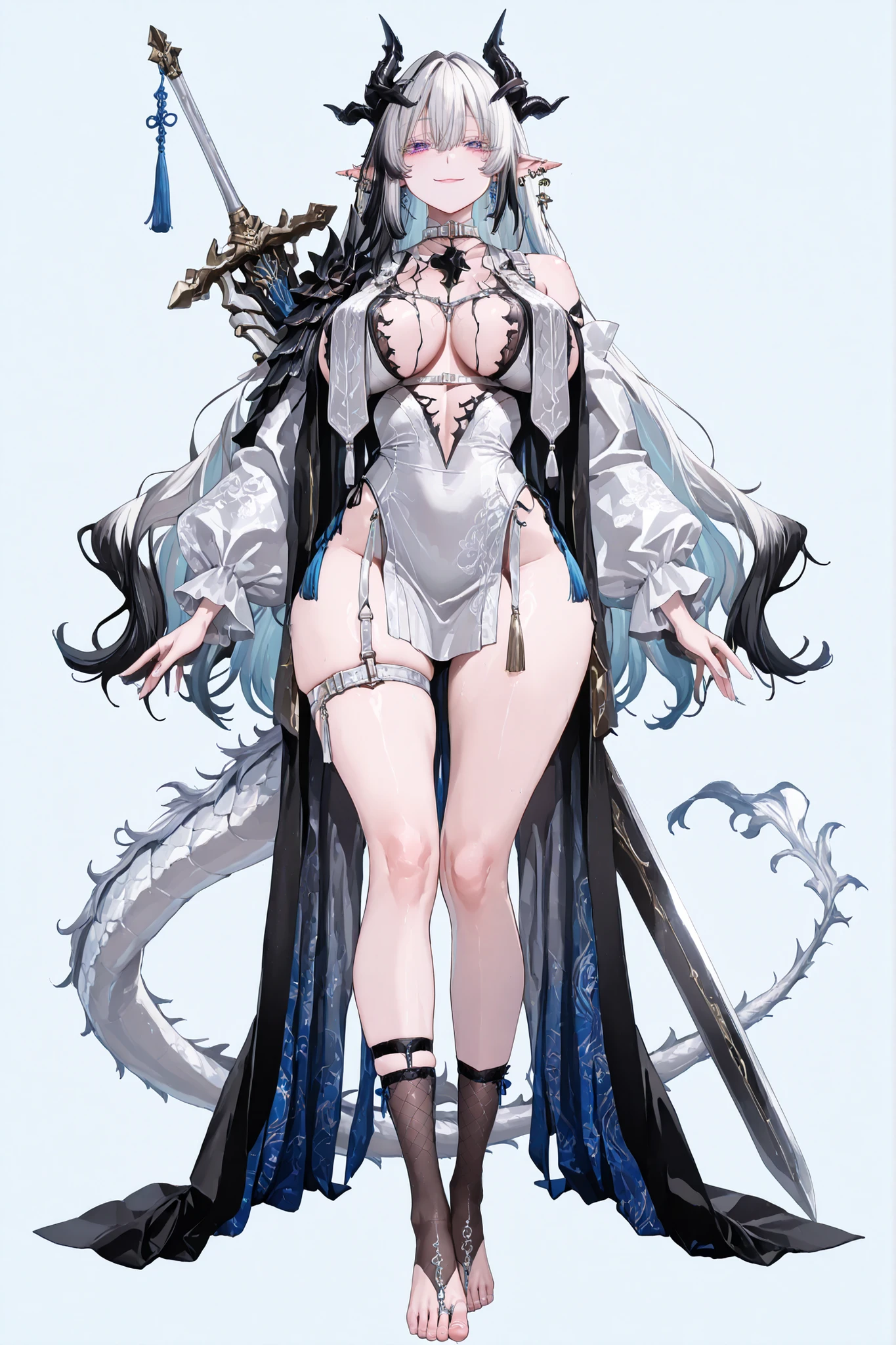 8k wallpaper、 top quality 、masterpiece, 748cm スThailandル 、sexy black bralette dress with fishnet top beneath, woman 1 person、ribbon、piercings and earrings on her ears, pointy elf ears, black ripped pelvic curtain dress、 cute black oversized coat with puffy sleaves with open sholders, chains and Accessories on clothes, dark pantyhose and fishnet、 black knee socks 、rororogi mogera、 style strap 、 Thailand、 pantyhose、、black hair with gray tips and gold lines、 albino eyelashes 、 long hair falling down her chest、 Underbob 、blue ribbon bow in the head、 Pretty blueish purple Eyes、 wide hips、Protruding thighs 、 pale pinky skin, very big breasts 、close up, Light blue background 、open chest area dress, simple background、lazy smile、 high detail design, standing up、boob window, leaning down towards the camera, making a cute pose with her hands, fullbody, , huge sword on her back, punk style clothes, chest fishnet top, fishnet stocking, big cute , wings behind her ears, demon girl, five big octopus tails behind her, black horns, goat eyes, five octopus tails, big hair. heavenly divine dragon girl, white huge dragon horns with golden ends, big dragon tail, white hair, ver long hair, thick hair, very big breast, green-blue gradient dragon eyes, white dragon sexy revealing outfit with breast curtains, white nylon stockings, white choker, sexy white cheongsam dress with gold details, taliman paper on her , fullbody, head to toe, black dragon scales on her thighs, bare feet, exposed toes