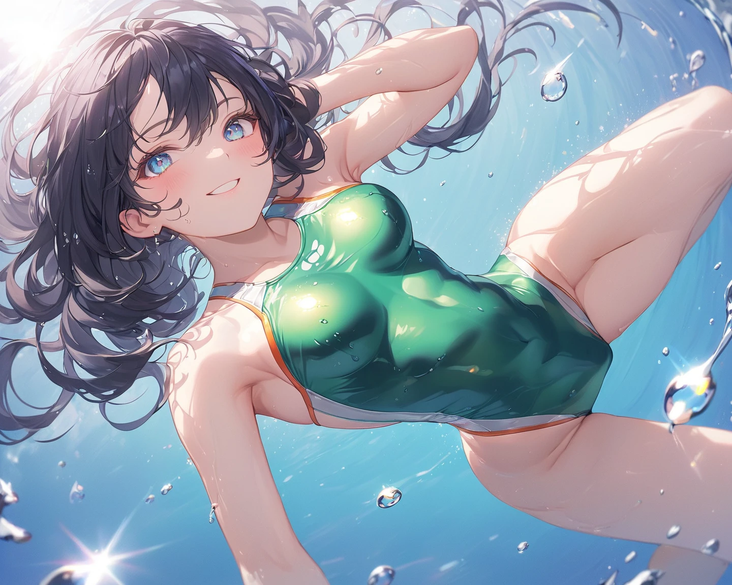 best quality, masterpiece, ultra high res, (photorealistic:1.4), RAW photo, Intricate details, ((Perfect )), Big beautiful eyes, Perfect contours, masterpiece, One girl, ((Kindergarteners)), Shortcuts, Small , (one piece, turtleneck,No sleeve), Transparent and clear metallic green swimsuit, 　tight high leg swimsuit, ((Shooting from below, looking up:1.2)), Portrait, View your viewers, Outdoor swimming pool, Partially submerged, Wet Skin, Shy, (armpit)