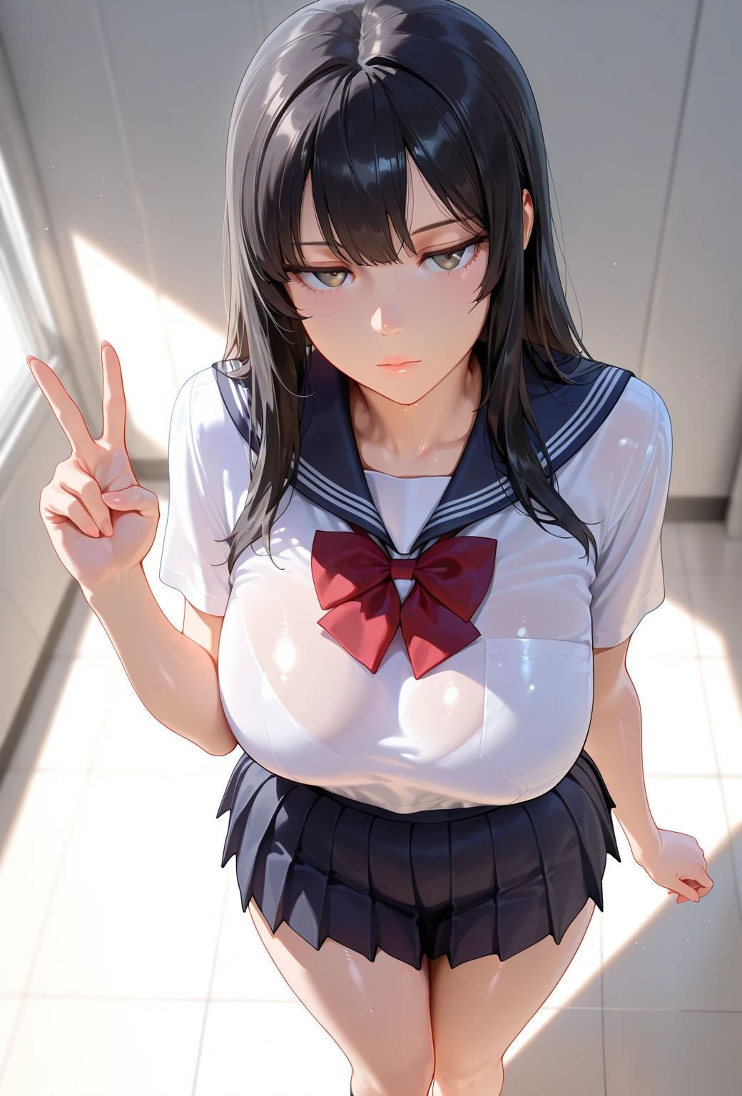(8k,Photorealistic, masutepiece, Best Quality, Raw photo:1.3)、1girl in, 18years old,Solo,school girl, Long hair, Brown hair, Detailed beautiful face, alluring face, (Detailed beautiful brown eyes:1.2), big breasts,(underboob:1.3),(coverd :1.1),(loos sailer uniform :1.35), ( Perfect body skinny beauty: 1.4),( temptation Pose:1.3), (Looking at Viewer, front view,eyes focus:1.2), Detailed background, (sunset:1.2), classroom,fine detailed, intricate detailes,  Ray tracing, depth of fields,  smile,classroom,
