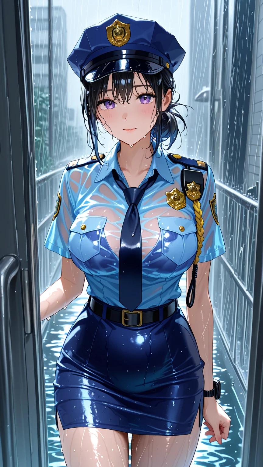 (Perfect body),Best Quality,(8K Portrait),(Official art)、((Police Woman)),blush,Sweat,((large udder))、(Dark hair),((bob cuts))、Yellow eyes,(thick thighs)、adult  woman、Cowboy Shot、(Leaning forward)、(A smile)、Wavy mouth、in poolside、fullnude、pink nipples、Navy blue jacket