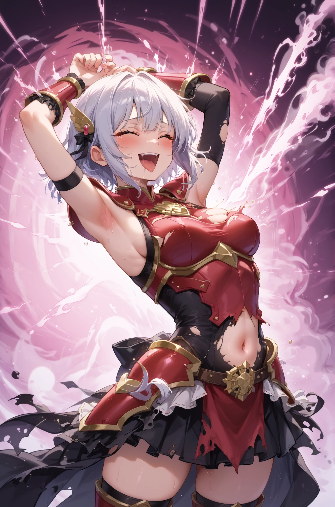 at a low angle、 in detail、Highest Quality、dynamically、Girl with short silver hair、Make the girl's hand shape perfect、Five fingers、The bangs are divided at :Divided into 3 positions、The girl is 25 years old 、dark eyes、closed eyes,Female Knight、Red Armor、Sleeveless、Belly button、broken armor,the clothes are torn、Her right nipple is visible 、Clothes have become slime、Gold Ornament、Cool appearance、Rin々A good appearance、The girl is laughing and is in agony、laughing with your mouth wide open、the girl is climax、Ahe face、arched back,defeat、armpits visible、Wearing pink energy、Magic is exploding in girls、Magical pink beam from the girl's front、pink beam hits a girl's stomach、the beam hits the side、The beam hits the chest、Magical Restraint、pink openai beam、ACMEBEAM、tickling beam、ticklish、tickling armpits,beam tickling