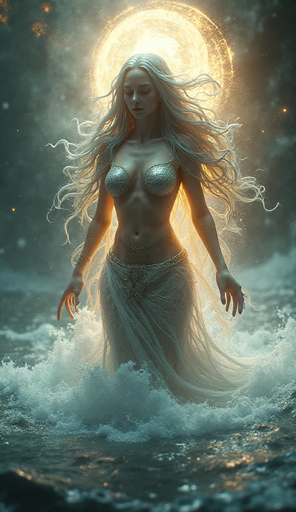 Create Aphrodite, to full height,  in realism, everywhere, aphrodite is on a magic ball, gemstone belt on the lower back, pearls and flowers in your hair, waves