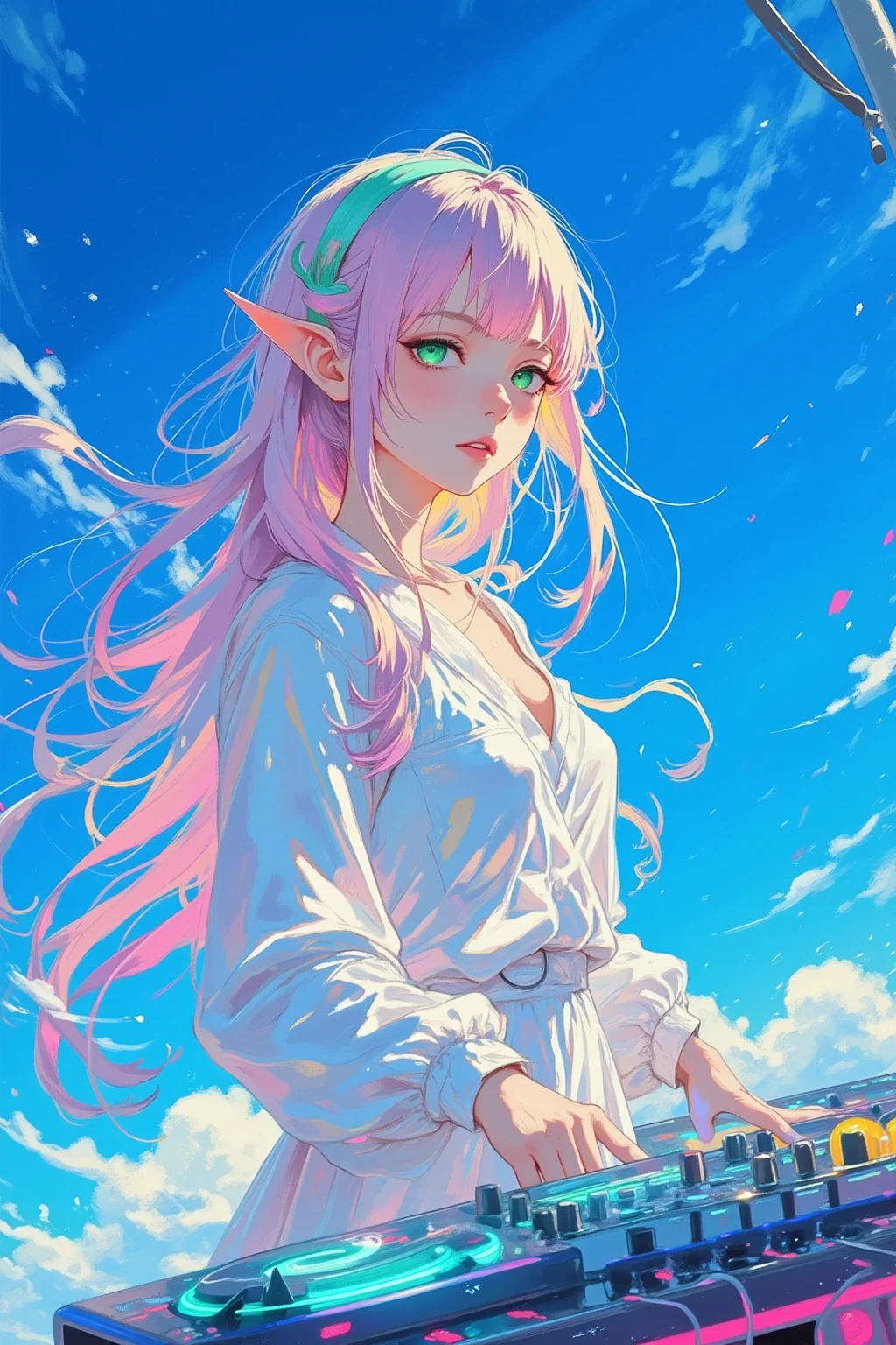 (acrylic paint style, masterpiece:1.5, best quality, luminous color blending, bold expressive brushstrokes, ultra-detailed texture)
a serene elf girl DJ with long pink-to-mint gradient hair and emerald green eyes, wearing sleek white over-ear headphones;
she stands at a minimalist DJ booth under a vast cobalt blue midday sky, her pure white dress and pastel hair flowing gently in the soft wind;
the booth’s neon lights glow cyan and magenta, blending harmoniously with the rich azure tones around her;
sunlight reflects subtly on her headphones and the metallic surface of the booth;
the endless, cloudless blue sky stretches behind her — no background elements, only infinite blue;
soft sunlight shimmers in her calm eyes, her expression peaceful yet focused, embodying the rhythm of the open sky;
gentle wind movement adds airy serenity and quiet rhythm to the composition