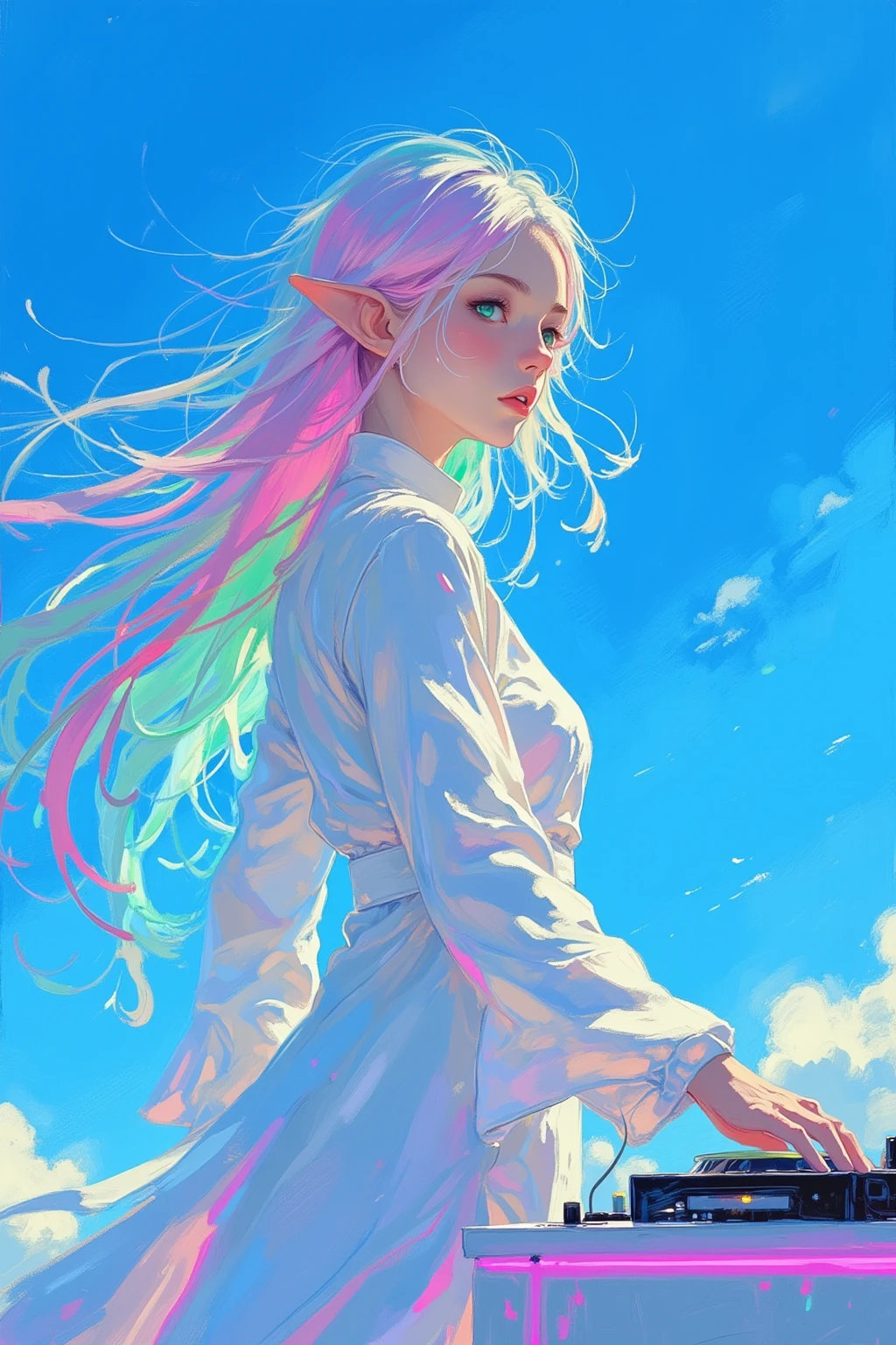 (acrylic paint style, masterpiece:1.5, best quality, luminous color blending, bold expressive brushstrokes, ultra-detailed texture)
a serene elf girl DJ with long pink-to-mint gradient hair and emerald green eyes, wearing sleek white over-ear headphones;
she stands at a minimalist DJ booth under a vast cobalt blue midday sky, her pure white dress and pastel hair flowing gently in the soft wind;
the booth’s neon lights glow cyan and magenta, blending harmoniously with the rich azure tones around her;
sunlight reflects subtly on her headphones and the metallic surface of the booth;
the endless, cloudless blue sky stretches behind her — no background elements, only infinite blue;
soft sunlight shimmers in her calm eyes, her expression peaceful yet focused, embodying the rhythm of the open sky;
gentle wind movement adds airy serenity and quiet rhythm to the composition