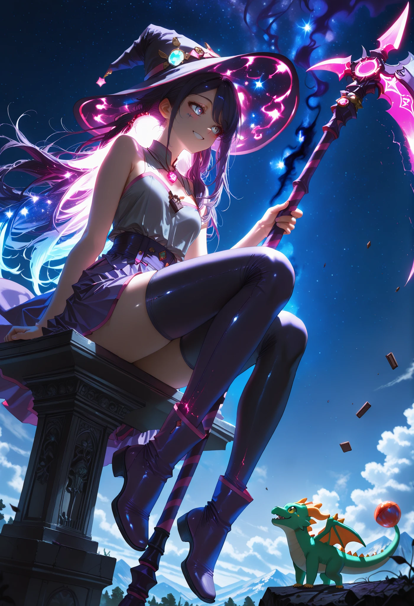 masterpiece, the best quality, from the front, al aire libre, crows in the air, Smoking, pipa de Smoking,  Ruined City  , headband, character: a girl with messy hair, dark red hair, dark purple sparks, facial scar,dark drawings on the hands, long hair, low twin tails, swept bangs, gray eyes, sitting at the base of the statue, looking at the landscape, witch hat, long swept bangs, strapless and sleeveless shirt, gray shirt, hair bands, black pants, capa negra, Stripped layer , darkness, botas negras de combate, holding scythe, darkness, somber aura, dark aura, character: bright eyes, ((dark purple witch hat, chocolate hat accessories)), messy hair, ((  colorful hair  , straight hair, glowing hair)), very long hair, ((dark purple robe with pink trim, pink sleeveless blouse, purple skirt, uneven half brown and light blue, candy pendant)), ((clothing with colorful accents)), ((with colorful ornaments)), wad of bills,   smile, looking at another, offering flowers, Sitting on the ledge,hanging legs, contrast with selective dark purple accents, dramatic composition with ink splatter effects and motion blur., manga style, dark purple splash effect.from below,mountainous landscape,Running wind   ,Blade moved by the wind,starry night,(stars that light up the sky),dynamic scene,((Dragon mascot)),little dragon flying while leaving a pulpurine pen,dragon gordo