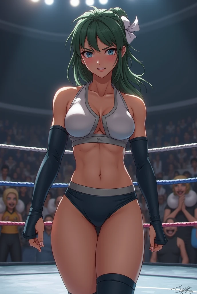 (WALLPAPER,  (fubuki\one punch man\), (((1 girl, white string bikini))), masterpiece, 4k, vector coloring, fully body view, (scene:  sitting on arena very tired, location: pro wrestling arena), (high color saturation), contrast lighting, mature female, (curvy:0.8), solo, anime style, sharp focus, professional artwork, intricate details, colorful, vibrant colors, vivid colors, digital blending, ultra detailed body, ultra detail hair, ultra detail face, trending on pixiv, very hot colors, (((hot sexy))), detailed bold arm lines, high color saturation, bold lines, bold drawing lines), lovely smile),
(white skin, (fair skin), slender body, milf, perfect face),
(legs, big breasts, off-shoulders, (detailed shoulders, detailed arm lineare shoulders, bare legs),