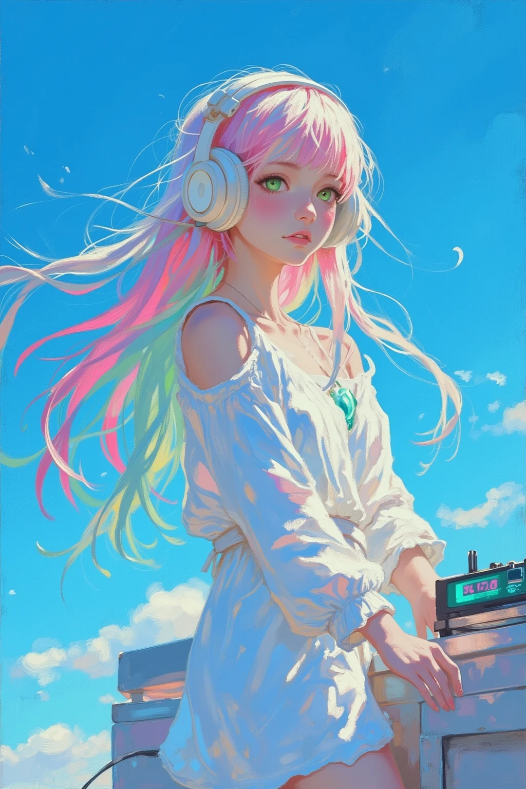 (acrylic paint style, masterpiece:1.5, best quality, luminous color blending, bold expressive brushstrokes, ultra-detailed texture)
a serene elf girl DJ with long pink-to-mint gradient hair and emerald green eyes, wearing sleek white over-ear headphones;
she stands at a minimalist DJ booth under a vast cobalt blue midday sky, her pure white dress and pastel hair flowing gently in the soft wind;
the booth’s neon lights glow cyan and magenta, blending harmoniously with the rich azure tones around her;
sunlight reflects subtly on her headphones and the metallic surface of the booth;
the endless, cloudless blue sky stretches behind her — no background elements, only infinite blue;
soft sunlight shimmers in her calm eyes, her expression peaceful yet focused, embodying the rhythm of the open sky;
gentle wind movement adds airy serenity and quiet rhythm to the composition