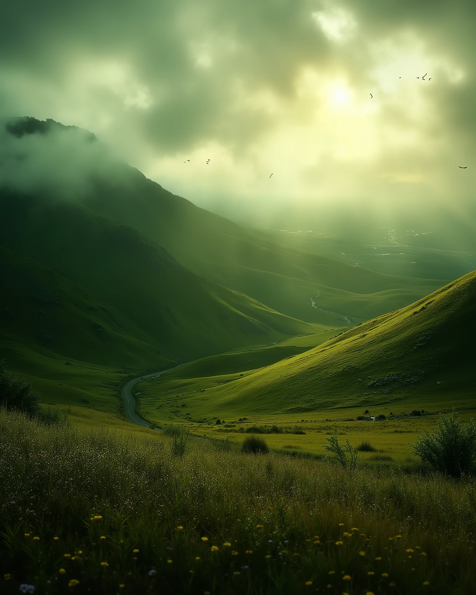 "A mesmerizing landscape of endless rolling green hills stretching into the horizon, bathed in the golden hues of late afternoon sunlight. A narrow winding road snakes through the hills, disappearing and reappearing between the slopes. Wildflowers bloom along the roadside, adding vibrant splashes of yellow and purple. The clouds cast soft shadows over the terrain, creating a dynamic interplay of light and shadow. The vast open sky enhances the feeling of freedom and adventure in this picturesque countryside."