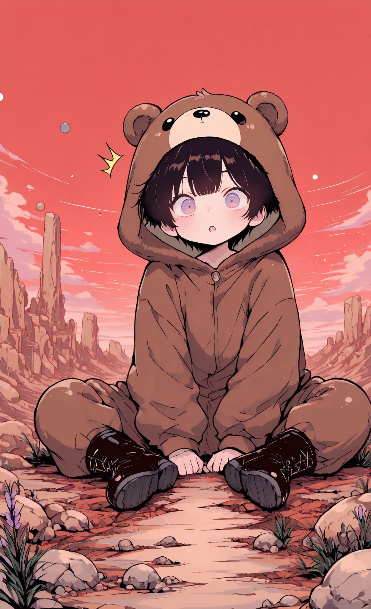 Kuma, masterpiece, best quality, ultra-detailed:1.3, male, 1boy, solo, short black hair, lavender eyes, wearing brown bear onesie, bear hood, black boots, sitting on ground among surreal destroyed structures, alien landscape, red sky with multiple visible planets in solar system, surprised expression looking at viewer, extraterrestrial atmosphere