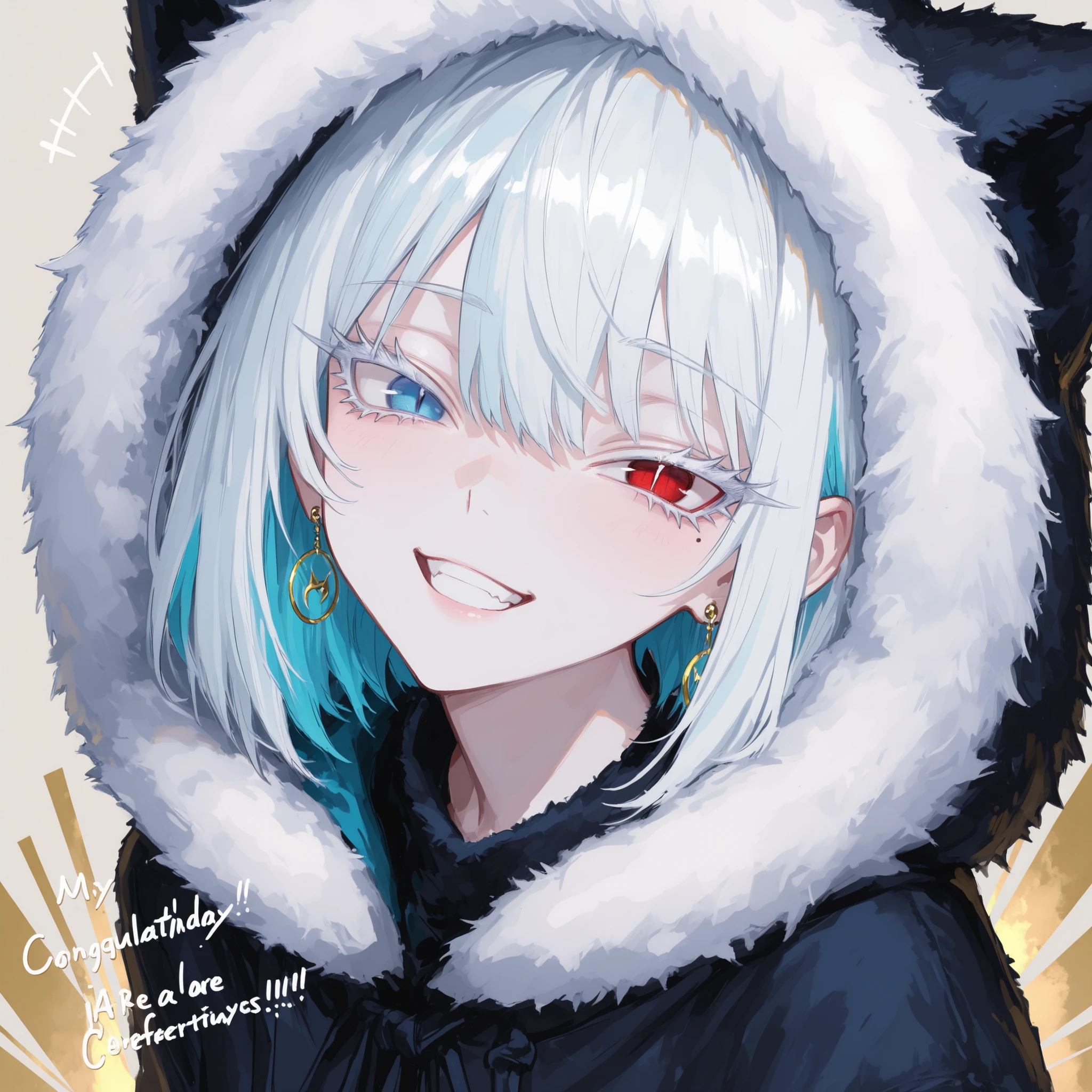 Highest Quality, ultra high definition, masterpiece 【Protagonist】、((solo, anime))、((womanhood)), laugh happily, long white hair, Turquoise Blue Hair、 ((Heterochromia, my left and right eyes are different colors、Red Eyes, blue eyes)), ((My eyelashes are white, white eyelashes)), ((tsurime)), ((slant eyes)), Slit Pupils, with fair skin, Mole, viewers,
(detailed face, Detailed Eyes, detailed hair), golden light on background, soft diffused light on a light gray background,fresh and neutral beauty、black oversized outerwear、hooded outerwear、Fur on hood、Party、congratulations、be happy、White Inner、
big circle earrings、from above、on Happy birthday,