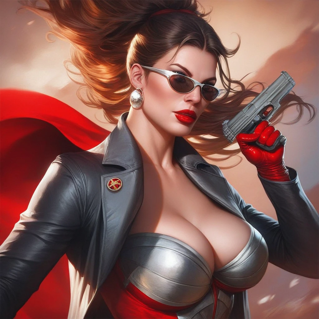 A MILF ， show her  at viewer , she shoots enemy, The background is the battlefield，black hair color hair，Red sunglasses，Bright red tight combat uniform，microkini，Expose the lower half of the ，  , long coat ,