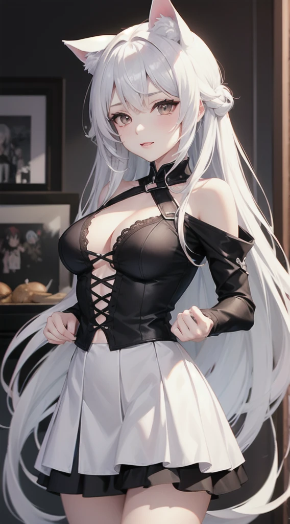 最high quality、best image quality、masterpiece、girl((20-year-old、 By becoming、vest bust、medium bust,wide open  tea、shining eyes, silver hair、long hair、thin,highest valley、black 、black short skirt、shoulder tattoo,diamond earrings、Wristband、black gloves)),high quality、beautiful art、background((school zone))、Flight、debris flies、Depth of written boundary、movie、visual art、perfect art、8K,genuine、Dynamic Performance