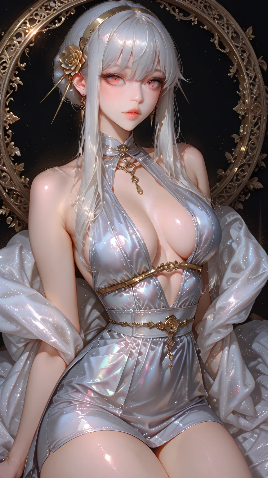 photorealistic, high resolution, soft light,1women, solo, hips up, shinning skin, (detailed face), jewelry, (((gold, silver, glimmer)), faerie), limited palette, contrast, phenomenal aesthetic, best quality, sumptuous artwork, elegant dress, huge round breasts, blonde hair, back view