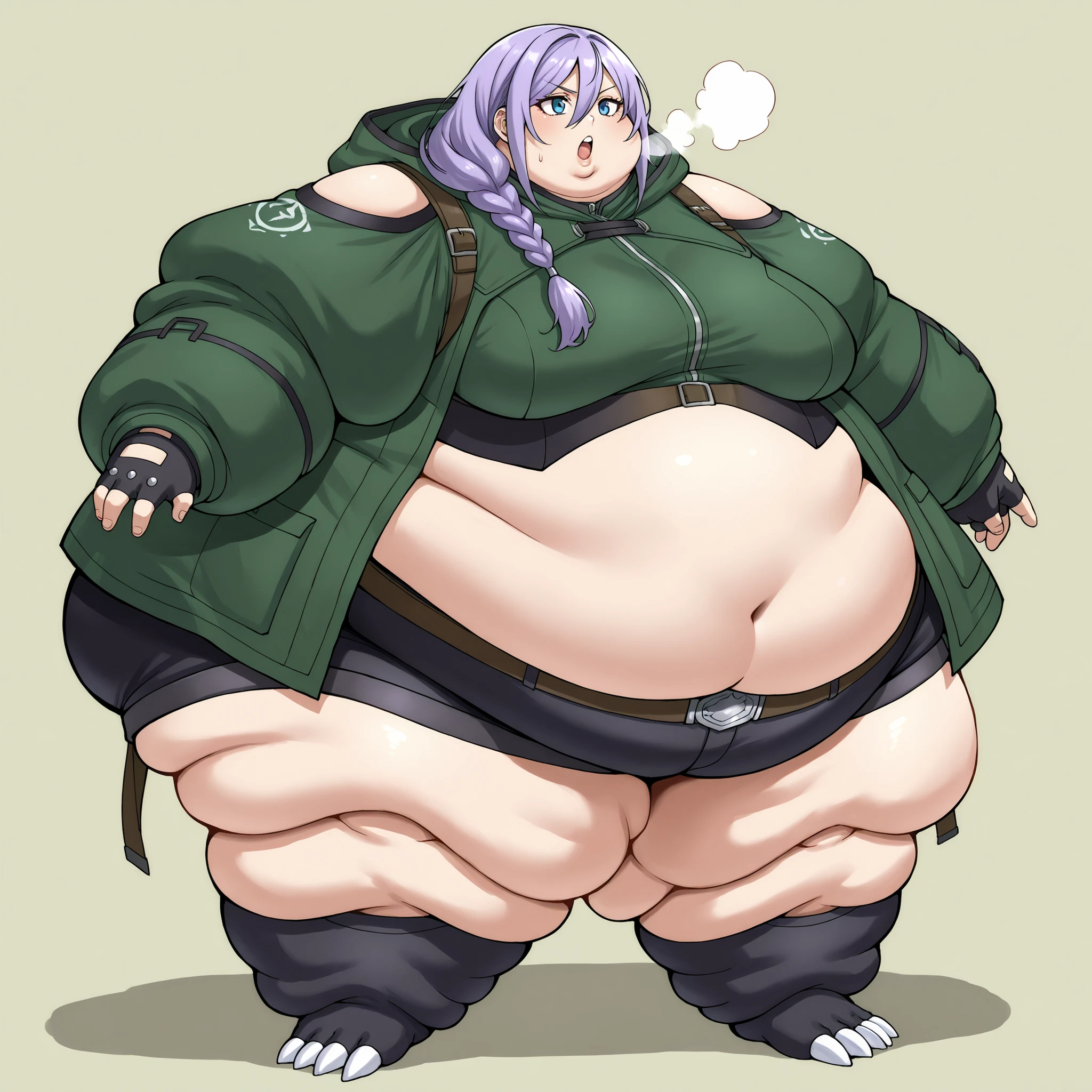<lora:StS_detail_slider_v1:3>, zPDXLxxx, <lora:Luna_PONYXL_VexVexX:1>, Luna, blue eyes, purple hair, long hair, braid, hair over shoulder, hair between eyes, bangs, small breasts, coat, green coat, hooded coat, shoulder cutout, long sleeves, shorts, short shorts, black shorts, midriff, belt, fingerless gloves, black gloves, fat, chubby, obese, fat neck, multiple chins, big breasts open mouth, out of breath, Larger female, full body shot, only head, large head, oversized limbs, large hands, large feet, oversized feet, oversized fingers, big lips, plump lips, fat face, fupa, big fupa, fat fupa,