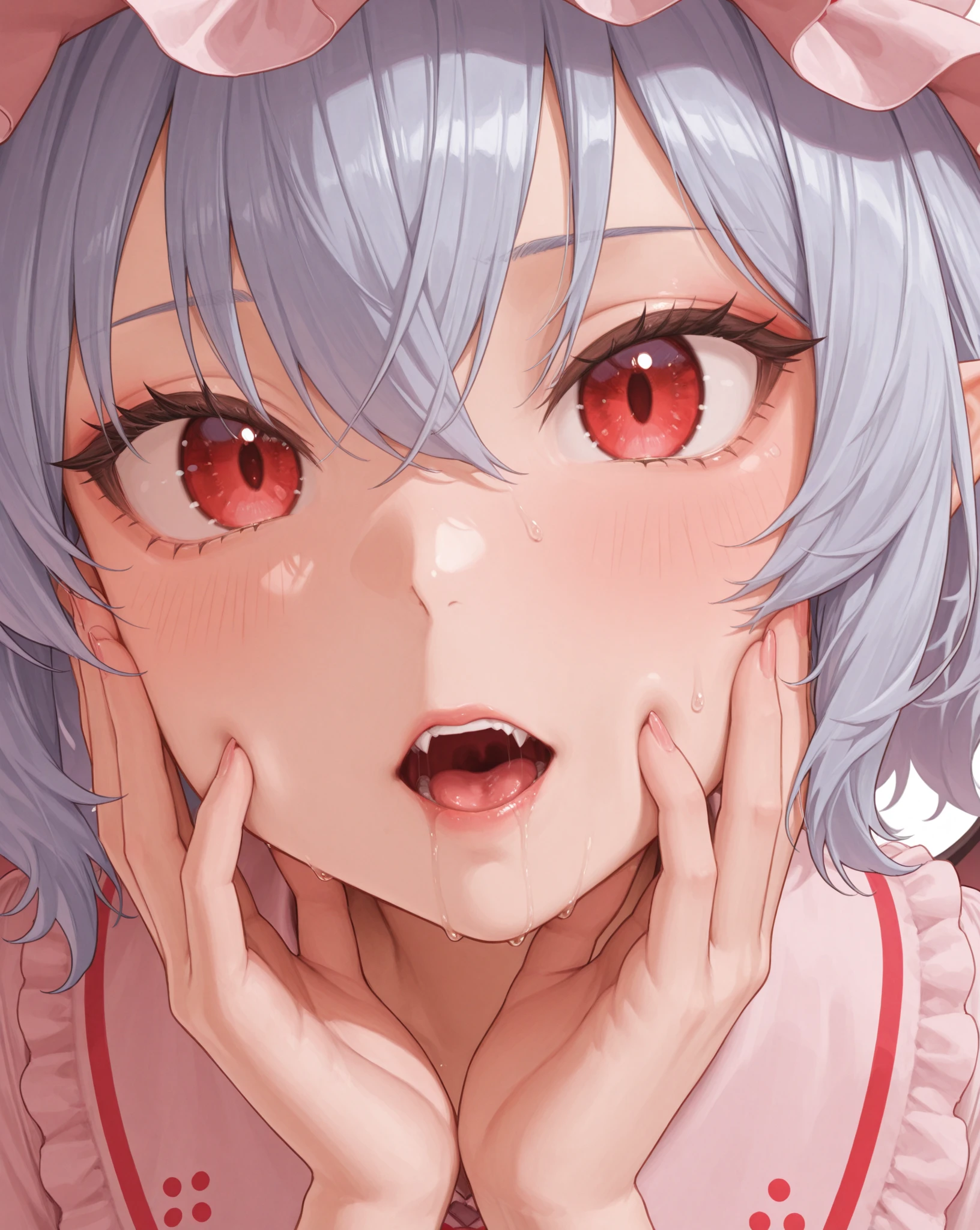 masterpiece, Best Quality, High resolution,, One girl, Open your mouth, Sticking out tongue,((a large amount of  on the face)),Completely 、Small breasts、、Realistic tongue、Very long tongue,(( in mouth))、((Flat chest:1.2))、((Lots of drooling:1.3)),((Grin)),Brat,Crouch down、Squat、,A large amount of  around the mouth