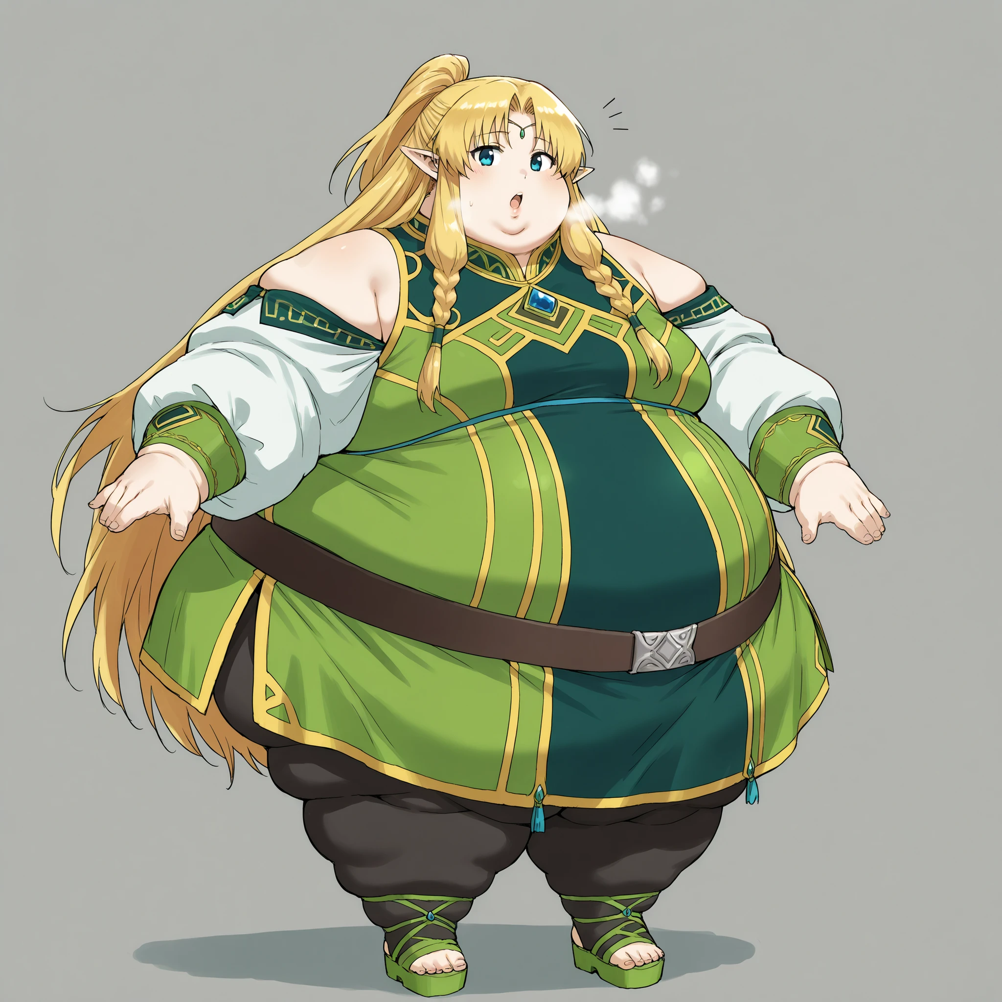 <lora:Muller:1> Mull3r, 1girl, very long hair, twin side braids, sidelocks, short ponytail, half updo, parted bangs, blonde hair, blue eyes, pointy ears, small breasts, circlet, gentle smile, looking at viewer, short dress, green dress, bare shoulders, detached sleeves, puffy sleeves, belt, black legwear, stirrup legwear, toeless footwear, platform footwear, green sandals, fat, chubby, obese, fat neck, multiple chins, big breasts open mouth, out of breath, Larger female, full body shot, only head, large head, oversized limbs, large hands, large feet, oversized feet, oversized fingers, big lips, plump lips, fat face, fupa, big fupa, fat fupa, 