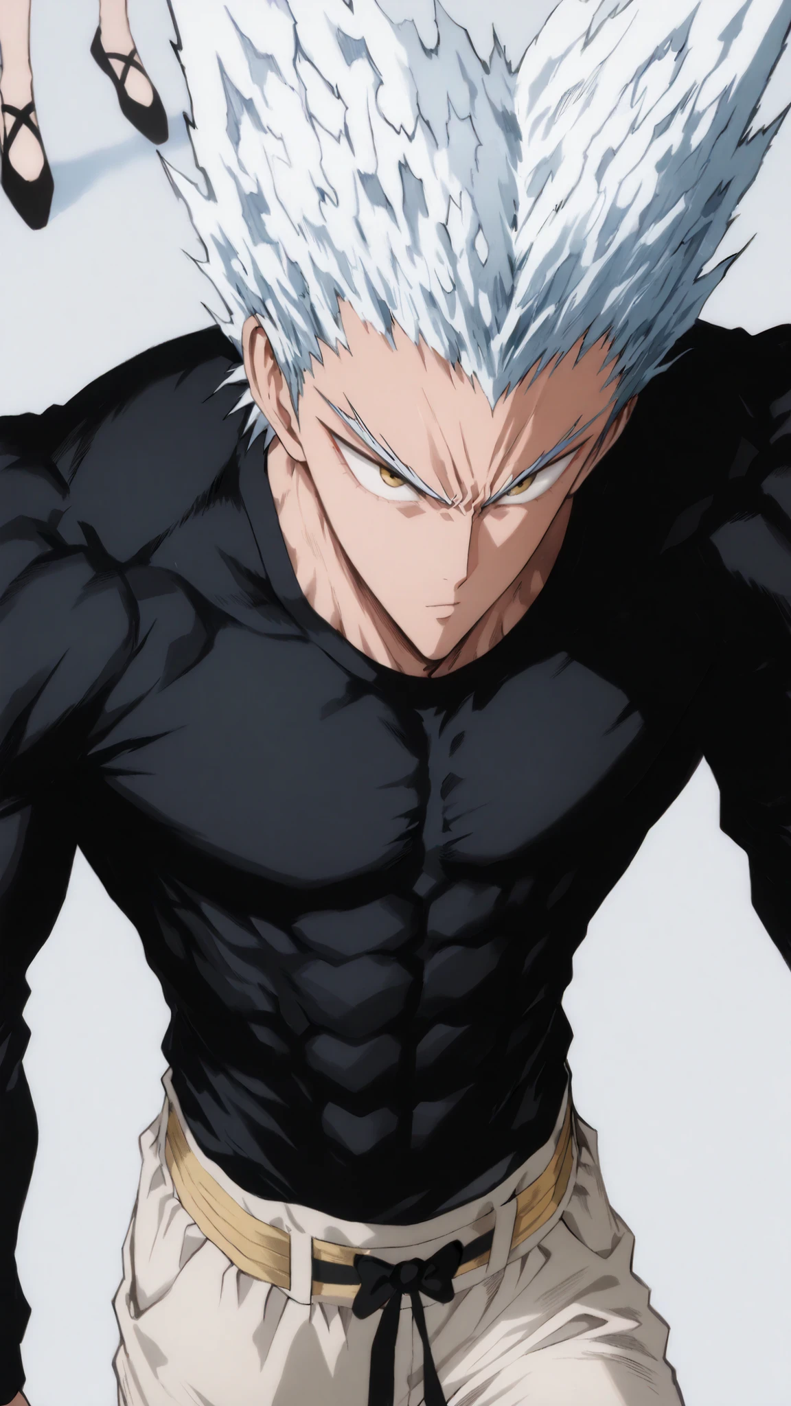 character features : 1 person, man, Appropriate Muscle Expression., One Punch Man Garou., Black Little Bow Seamless Ballet Flats., Fitted white jogger pants with yellow straps tied roughly in front., Black long sleeve t-shirt that sticks., yellow eyes., neat white hair, Short hair length ., young man, young adult ., handsome, Neat and tidy., Krenz Cushart and Asher Duran., Illustration based on Murata's drawing, fan art., bright, delicate facial expression, Accurate Physical Expression, anime character., High quality animated art style, Detailed skin texture, Perfect Composition., Smooth gradation of tones, Detailed Fan Art , Full Color Illustration , Clean Line Drawing and Color, Great Character Design, dramatic contrast,masterpiece, best quality, ultra high resolution, UHD, intricate details, hyper detailed, finely detailed face and eyes
subtle color shifts in hair