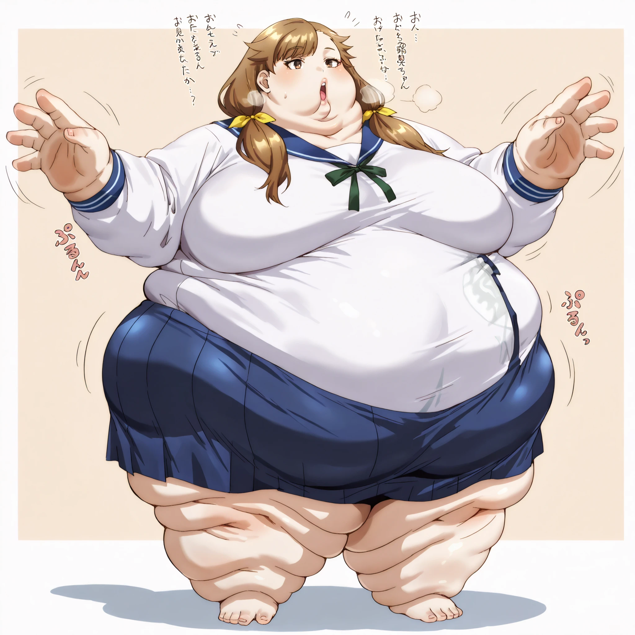 tenjousora brown eyes, long hair, asymmetrical hair, asymmetrical bangs, brown hair, low twintails, hair ribbon white shirt, blue sailor collar, neck ribbon, long sleeves, blue skirt, neck disappeared, no neck, fat, chubby, obese, fat neck, multiple chins, big breasts open mouth, out of breath, Larger female, full body shot, only head, large head, oversized limbs, large hands, large feet, oversized feet, oversized fingers, big lips, plump lips, fat face, fupa, big fupa, fat fupa, 