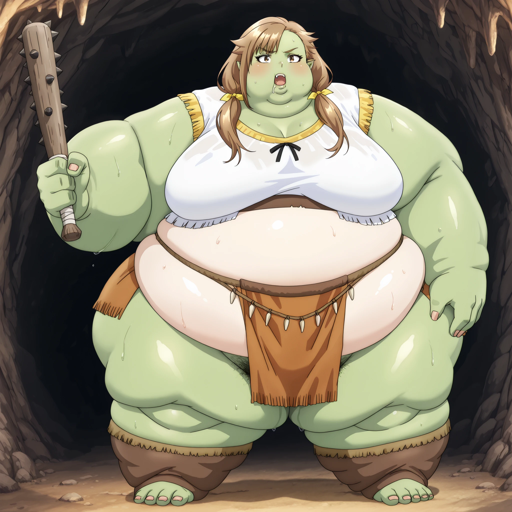 Becoming a orc, monster, Orc, Female Orc, green skin, tusks, Orc, fangs, 1girl, tenjousora brown eyes, long hair, asymmetrical hair, asymmetrical bangs, brown hair, low twintails, hair ribbon, fabric clothes, loincloth, blank_stare, empty_stare,  fat, chubby, obese, gigantic arms and legs, large breasts, sweating, wet body, swollen face, Fat_neck , Fat head , eyes with crushed cheeks , nose with crushed cheeks , mouth with crushed cheeks , chin roll,
only head, large head, oversized limbs, large hands, large feet, oversized feet, oversized fingers, big lips, plump lips, fat face, fupa, big fupa, fat fupa, in a cave, open mouth, drooling, pubic hair, hairy, holding a club, holding a weapon 