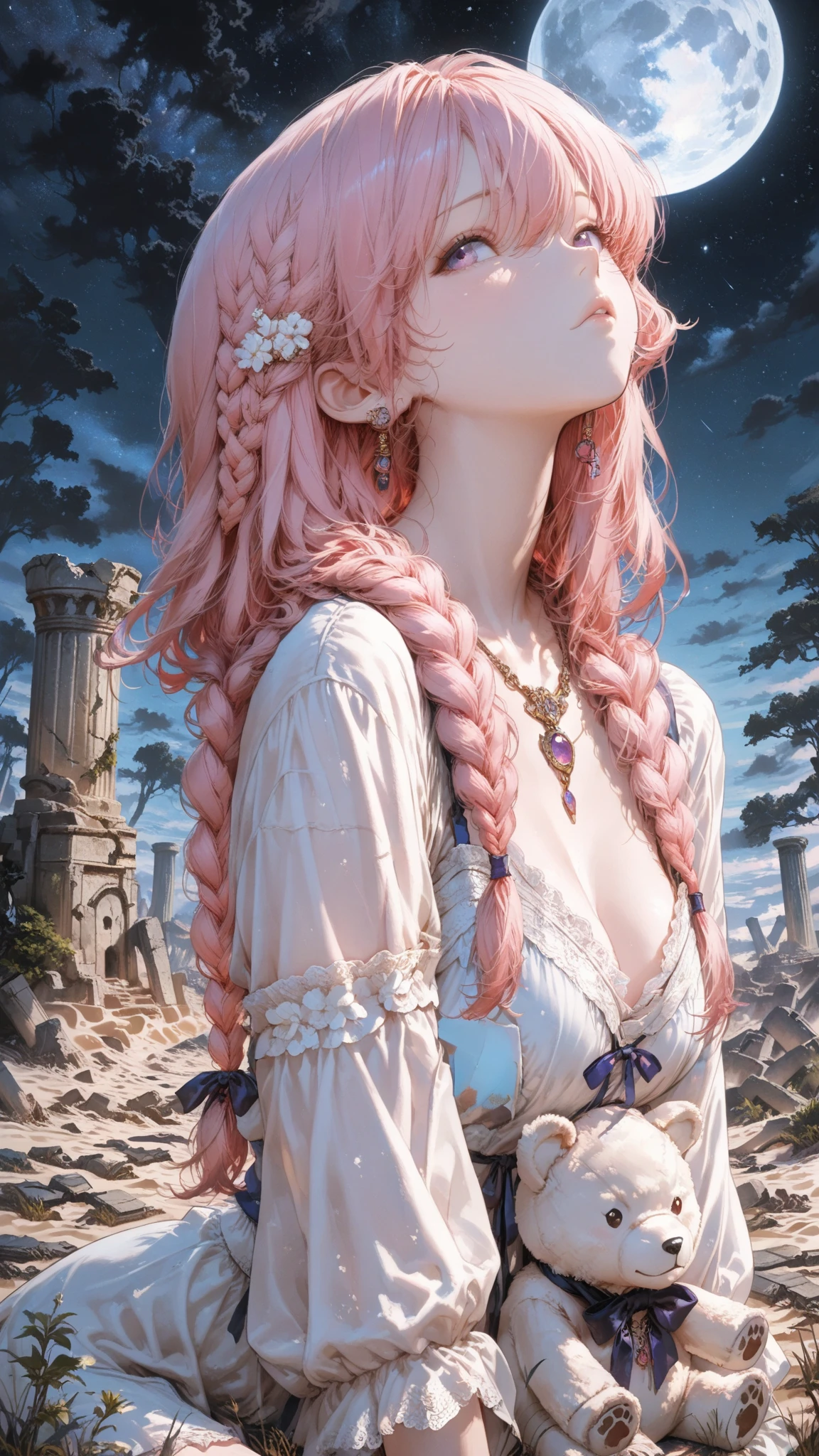 while holding a stuffed animal in the wasteland on a moonlit night、Smile or Friendly Expression。Xu々She turns her gaze to viewers and smiles