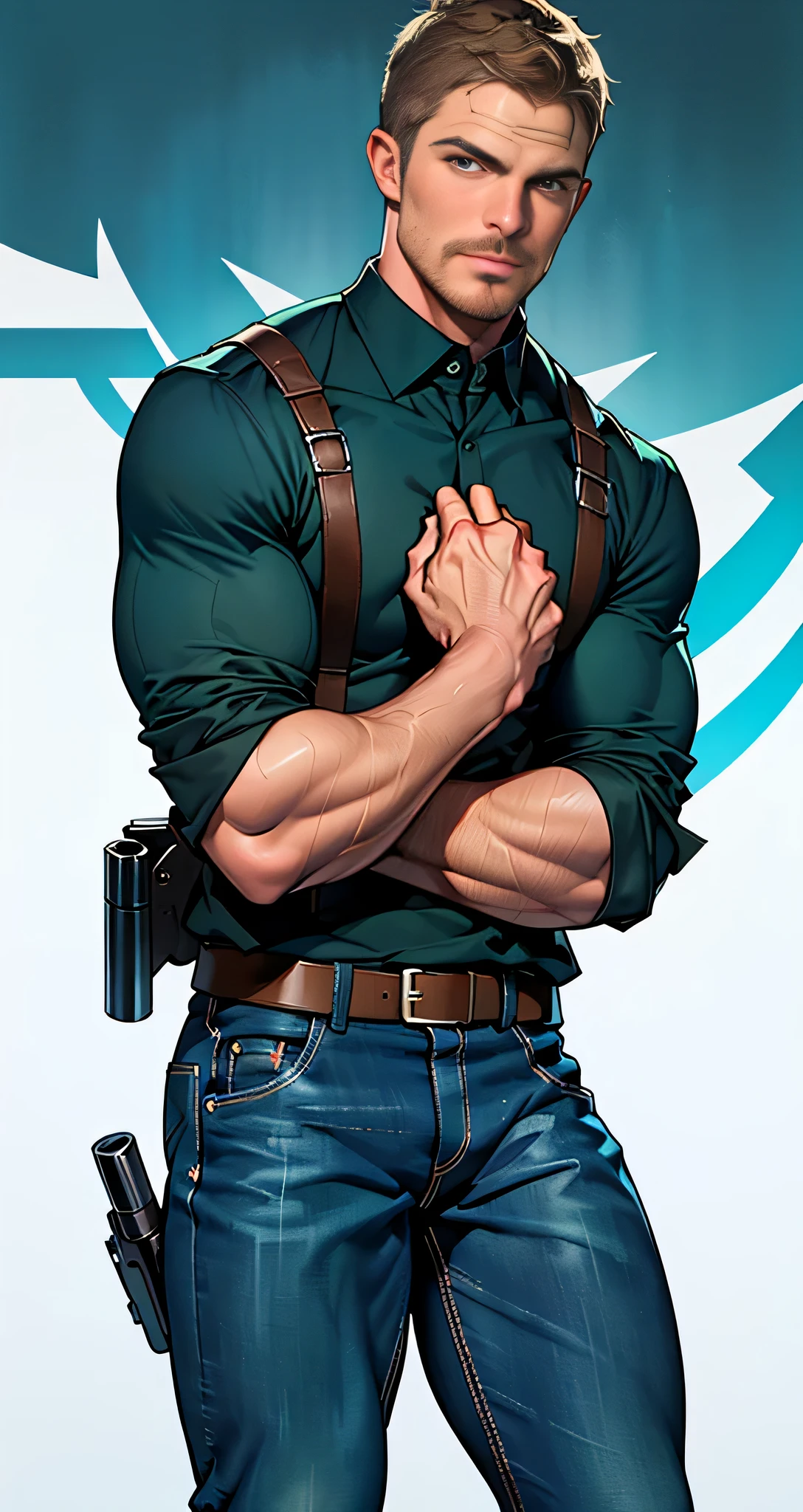 vpl,vpl,1 man, male focus solo,45 yo man, (((Stephen AMELL as private investigator))), lean muscle, open blue shirt, marine blue jeans with brown belt ,( bulge), full body shot, dark blond short hair, BLUE GREEN EYES , well groomed facial hair, (((( HANDS CROSSED , holding TWO guns IN BOTH HANDS LIKE JAMES BOND )))) (((SPREAD LEGS , VERY MANLY APPERANCE ))), ultra high quality, masterpiece, ( ever changing background, blue and white and green arabesques lines in the background)