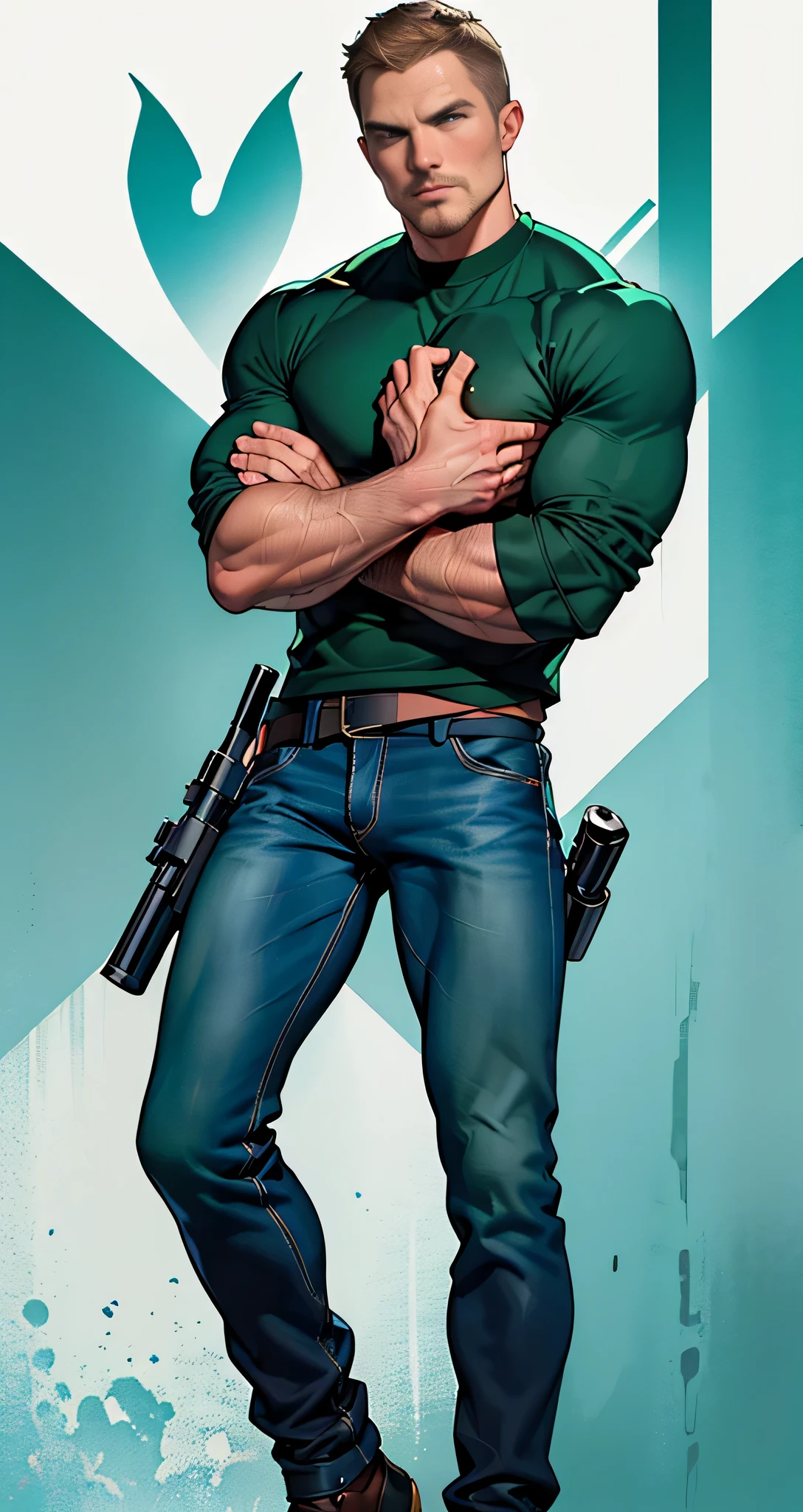 vpl,vpl,1 man, male focus solo,45 yo man, (((Stephen AMELL as private investigator))), lean muscle, open blue shirt, marine blue jeans with brown belt ,( bulge), full body shot, dark blond short hair, BLUE GREEN EYES , well groomed facial hair, (((( HANDS CROSSED , holding TWO guns IN BOTH HANDS LIKE JAMES BOND )))) (((SPREAD LEGS , VERY MANLY APPERANCE ))), ultra high quality, masterpiece, ( ever changing background, blue and white and green arabesques lines in the background)
