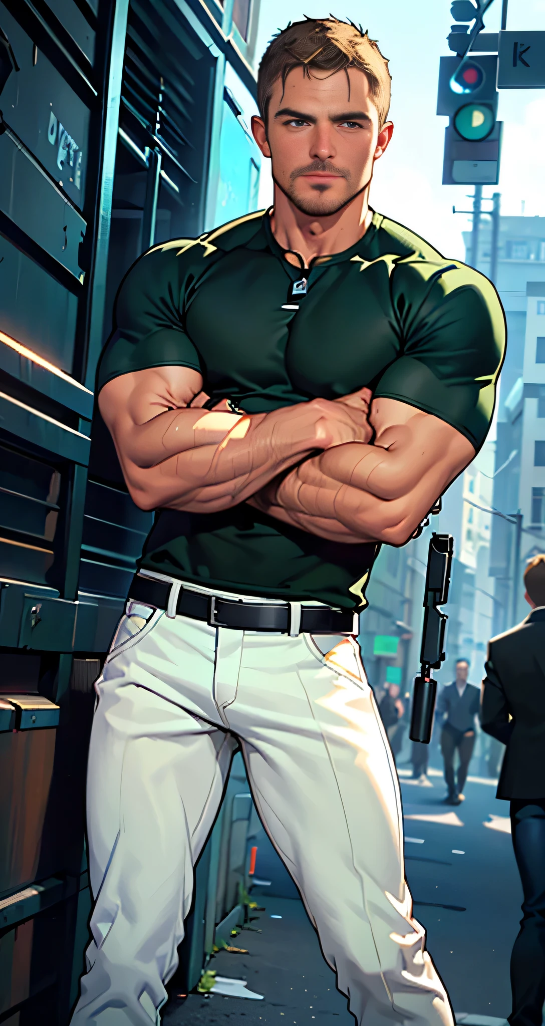 vpl,vpl,1 man, male focus solo,45 yo man, (((Stephen AMELL as private investigator))), lean muscle, open blue shirt, marine blue jeans with brown belt ,( bulge), full body shot, dark blond short hair, BLUE GREEN EYES , well groomed facial hair, (((( HANDS CROSSED , holding TWO guns IN BOTH HANDS LIKE JAMES BOND )))) (((SPREAD LEGS , VERY MANLY APPERANCE ))), ultra high quality, masterpiece, ( ever changing background, blue and white and green arabesques lines in the background)