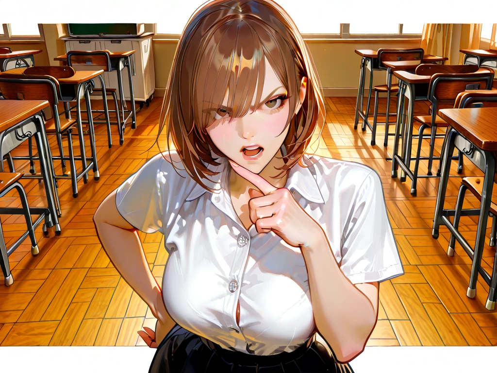 40 years old girl, short brown hair, brown eyes, blue 2-strap worker shirt, orange t-shirt inside, famer.