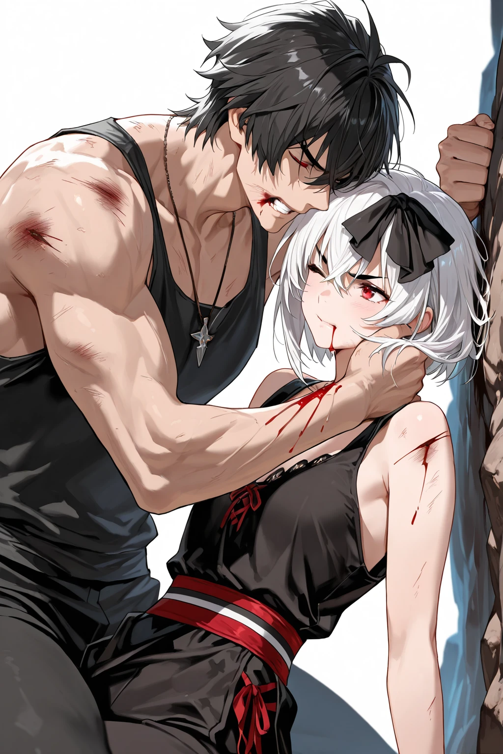  , White hair, black red eyes, semi , torn clothes, crying, forcibly, abandoned city, Ukraine, country, white shirt with tie