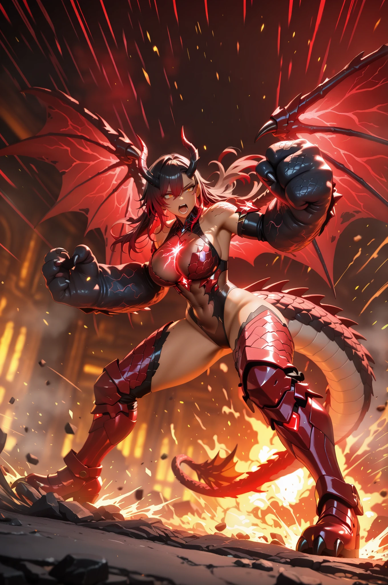 Red skin succubus tiefling, digitigrade legs, full breasts, huge breasts, black horns, wings, huge tail, black leather, crop top, long flowing pelvic curtain, tall, toned, graceful, thin, long black ponytail. Action scene, whip. Dark scene, explosions, night sky.
