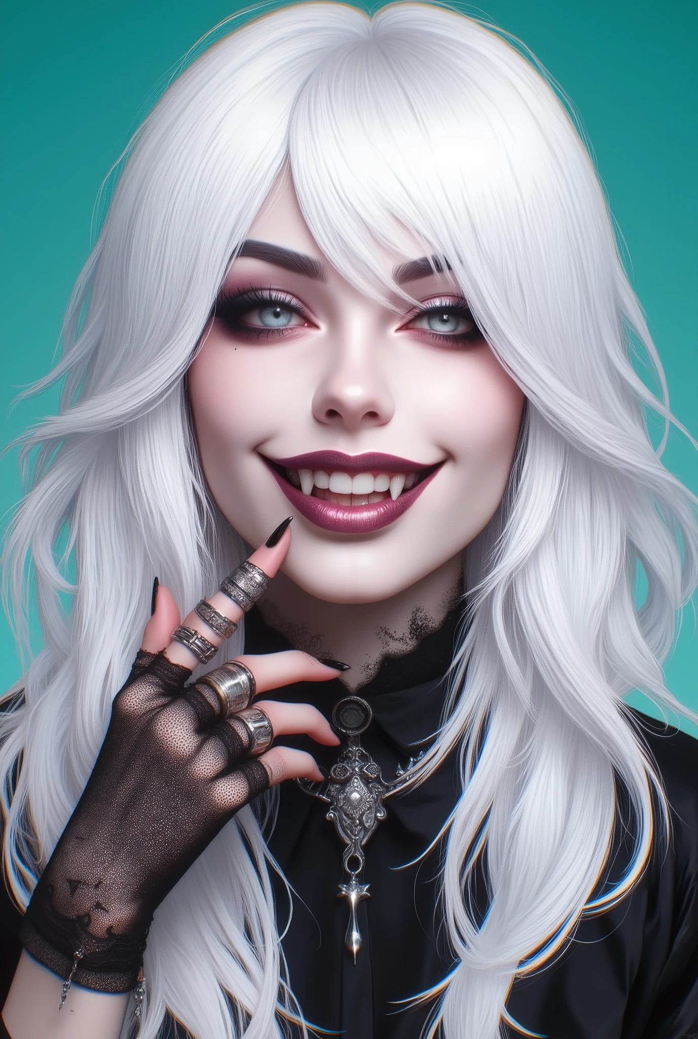 Image is a digital illustration featuring a modern comic book style character with long, flowing white hair that covers part of the face. The character has a light skin tone and is depicted with a playful expression, smiling with eyes half closed. The character's lips are slightly parted, revealing vampre teeth, and a finger is raised to the lips, adorned with multiple silver rings. The character wears a black lace glove on one hand, adding a gothic touch. The background is a gradient teal color, providing contrast to the character's hair and attire. The overall composition is centered, focusing on the character's face and upper body, with a sense of whimsy and elegance conveyed through the art style.