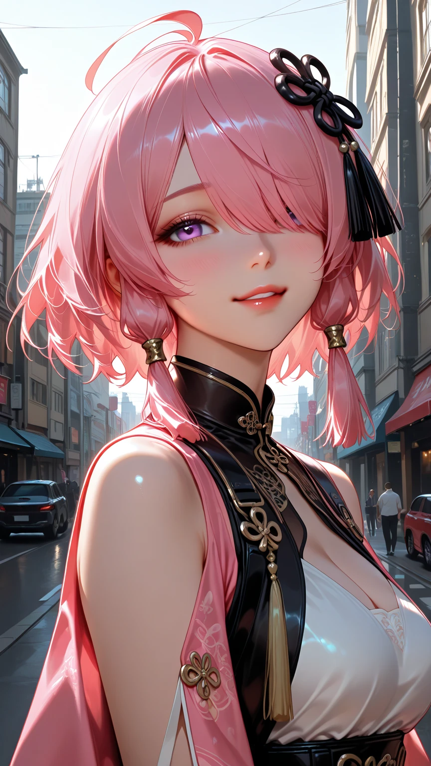  girl with pink hair, pink eyes , Revealing clothes, in the background japanese city at night,next to a lamborghini