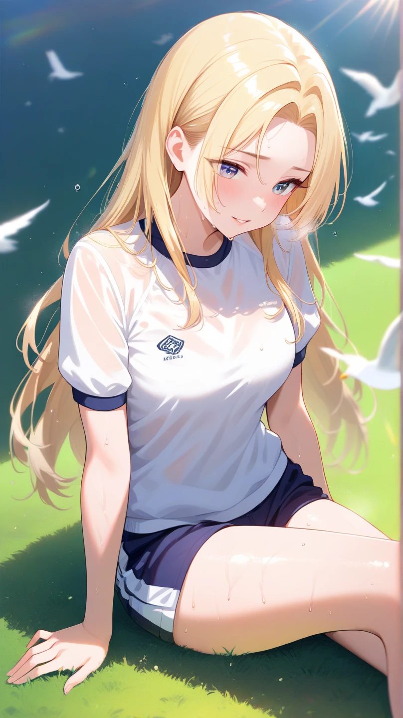 absurd, masterpiece, best quality, realistic, hyper-detailed, (shiny skin, sweaty:1.4), looking at viewer, 1girl, solo, tennis wear, white polo shirt, white sneakers, white , short hair, blonde hair, green eyes, slender, (thick thighs:0.6), dynamic lighting, high resolution, sharp focus, depth of field, detailed eyes, sharp pupils, realistic pupils, (small breasts:0.8)