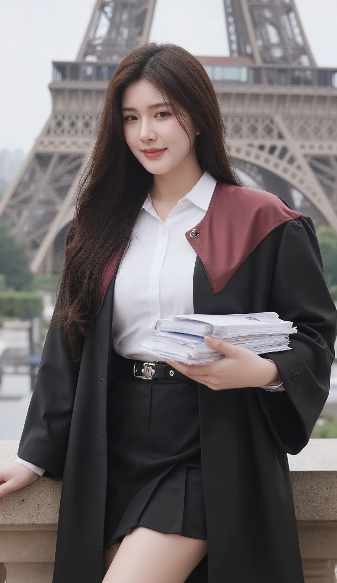 A portrait image shows a young Korean-Thai woman standing in  Paris.

She has a long, fluffy haircut, showing off her narrow forehead. She has a voluptuous figure. She is chubby-sexy. She has a soft black hair colour. She wears a graduation gown. The gown is a flowing black academic gown with wide sleeves; deep burgundy V-shaped hood/collar. The V-shaped hood/collar covers around her neck, which is not separated. The gown covers almost all her inside clothes. Inside the gown, she wears a Thai Mahalai uniform (a light-white short-sleeved collared shirt with six silver buttons, a black leather belt with a silver university buckle, and a short black pleated skirt) that highlights her curvy figure and ample bust. She seductively smiles at the camera. She holds a heavy stack of documents with two hands.
The background is the Eiffel Tower. The overall landscape view is included. 