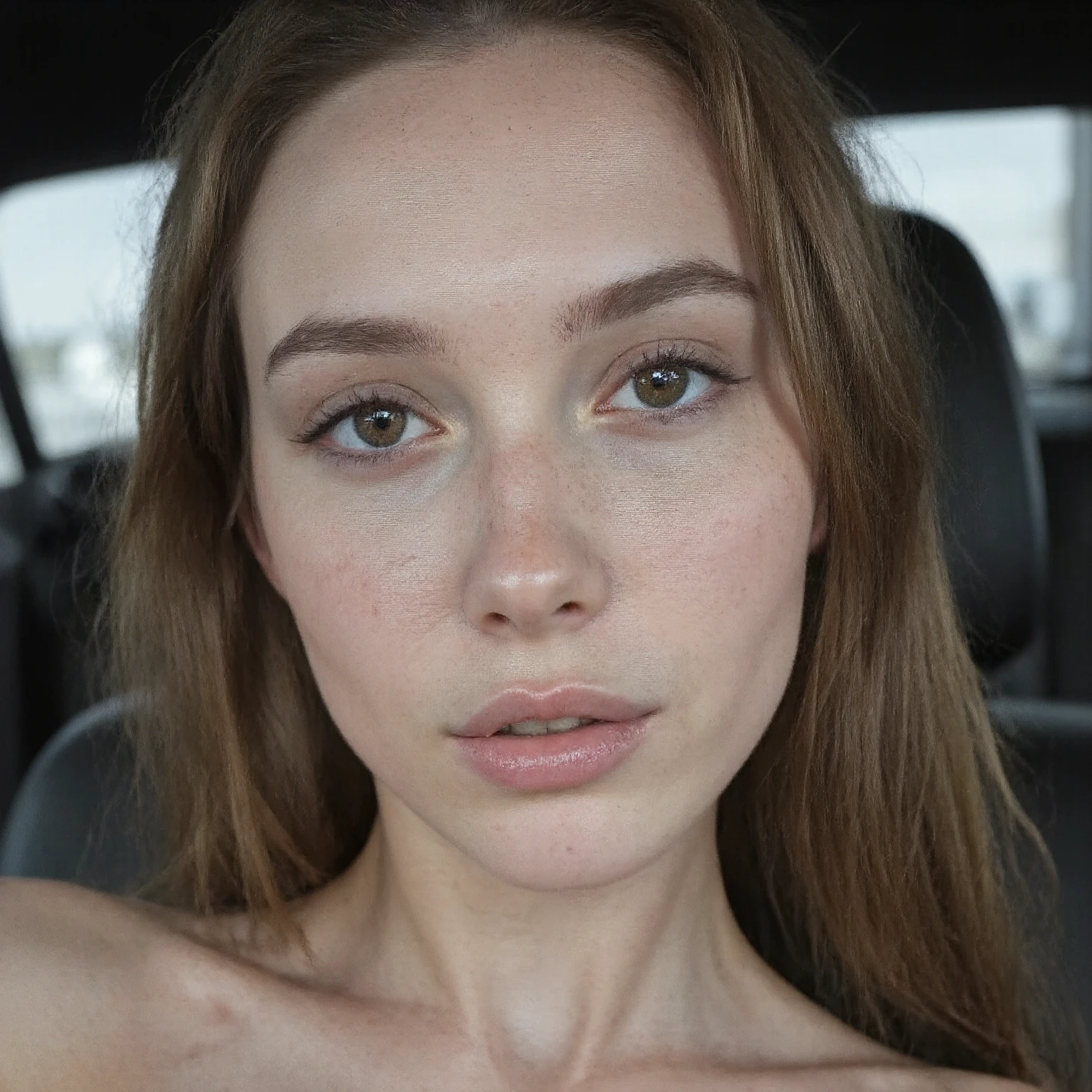 ultra realistic portrait of a very slim young woman (45kg, 155cm), long light brown hair, soft natural daylight, sitting in a car, minimal makeup, smooth pale skin with freckles, natural lips, brown eyes, delicate facial features, elegant neck and shoulders, neutral expression, cinematic lighting, 85mm lens, f/1.4 shallow depth of field, realistic texture and pores, detailed eyes, ultra-detailed, 8k, hyperrealistic photo, professional DSLR photography, bokeh background, soft focus edges, photo taken by (Annie Leibovitz:0.4), (Jeremy Lipking:0.3)